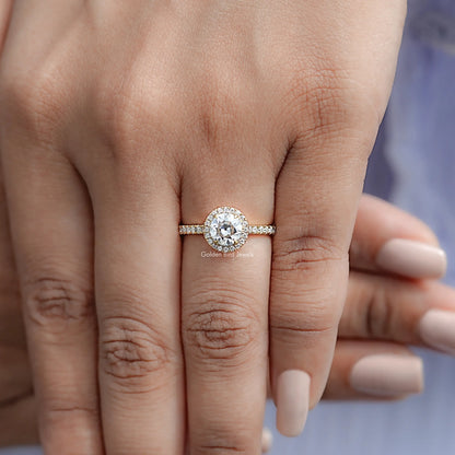 View of Round Cut Moissanite Engagement Ring in prongs setting 