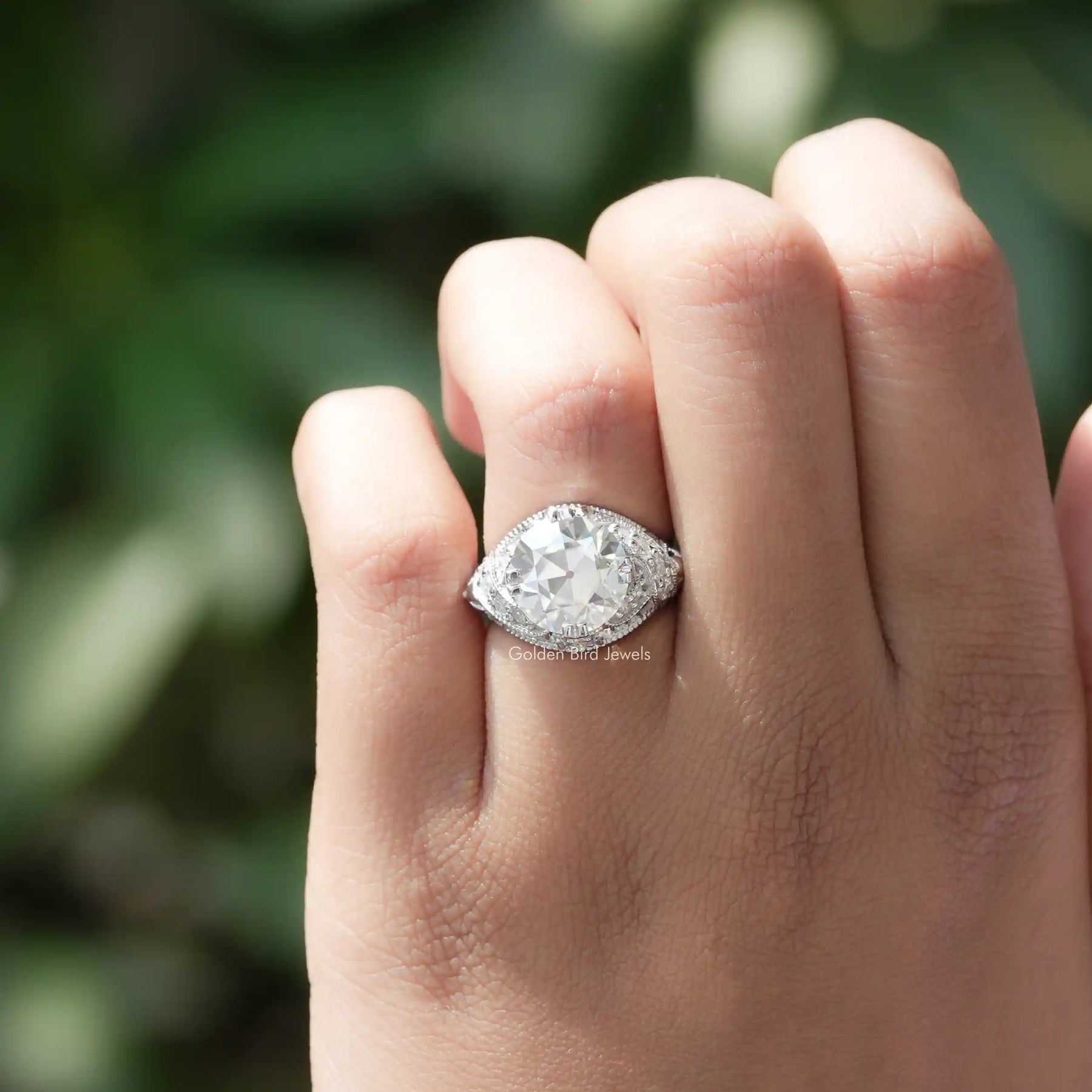 View of Old European Round Cut Moissanite Ring ring In Finger