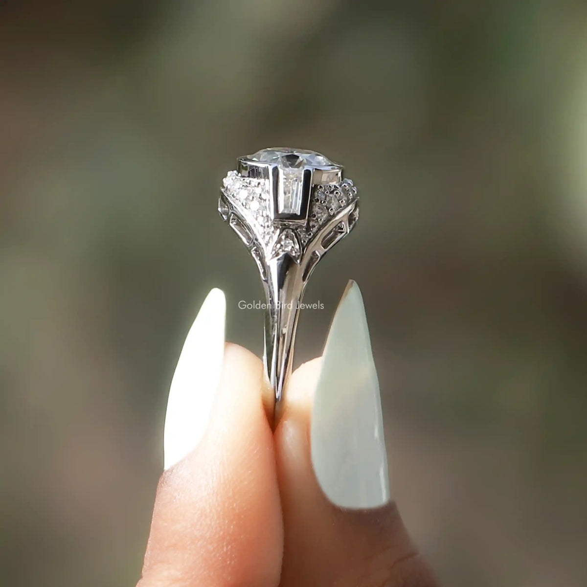 Side View of Old European Round Moissanite Vintage Ring In two fingers