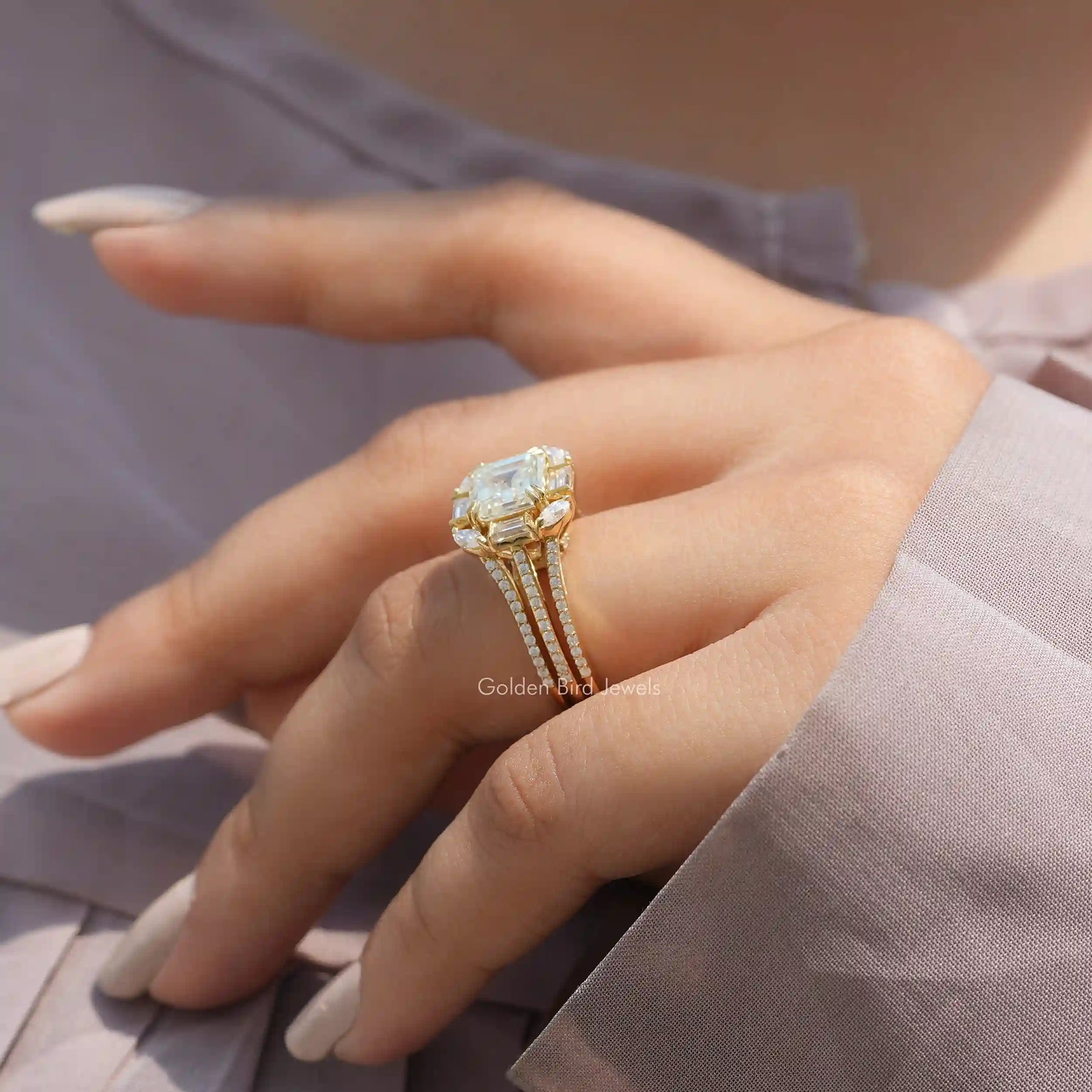 Detailed View of Old Mine Asscher Cut Moissanite Ring In Yellow Gold