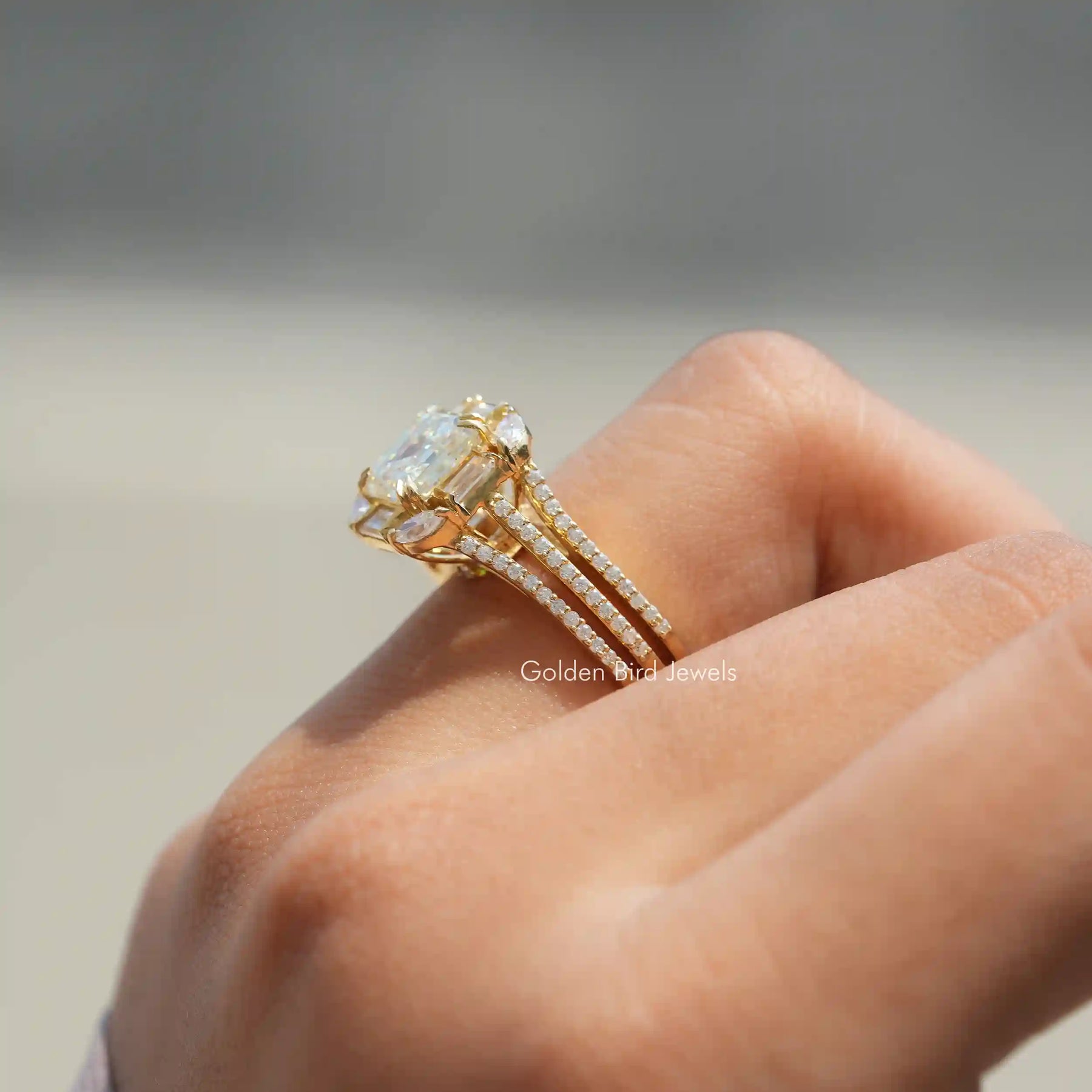 Asscher And Marquise Cut Cluster Engagement Ring In 14K Yellow Gold 
