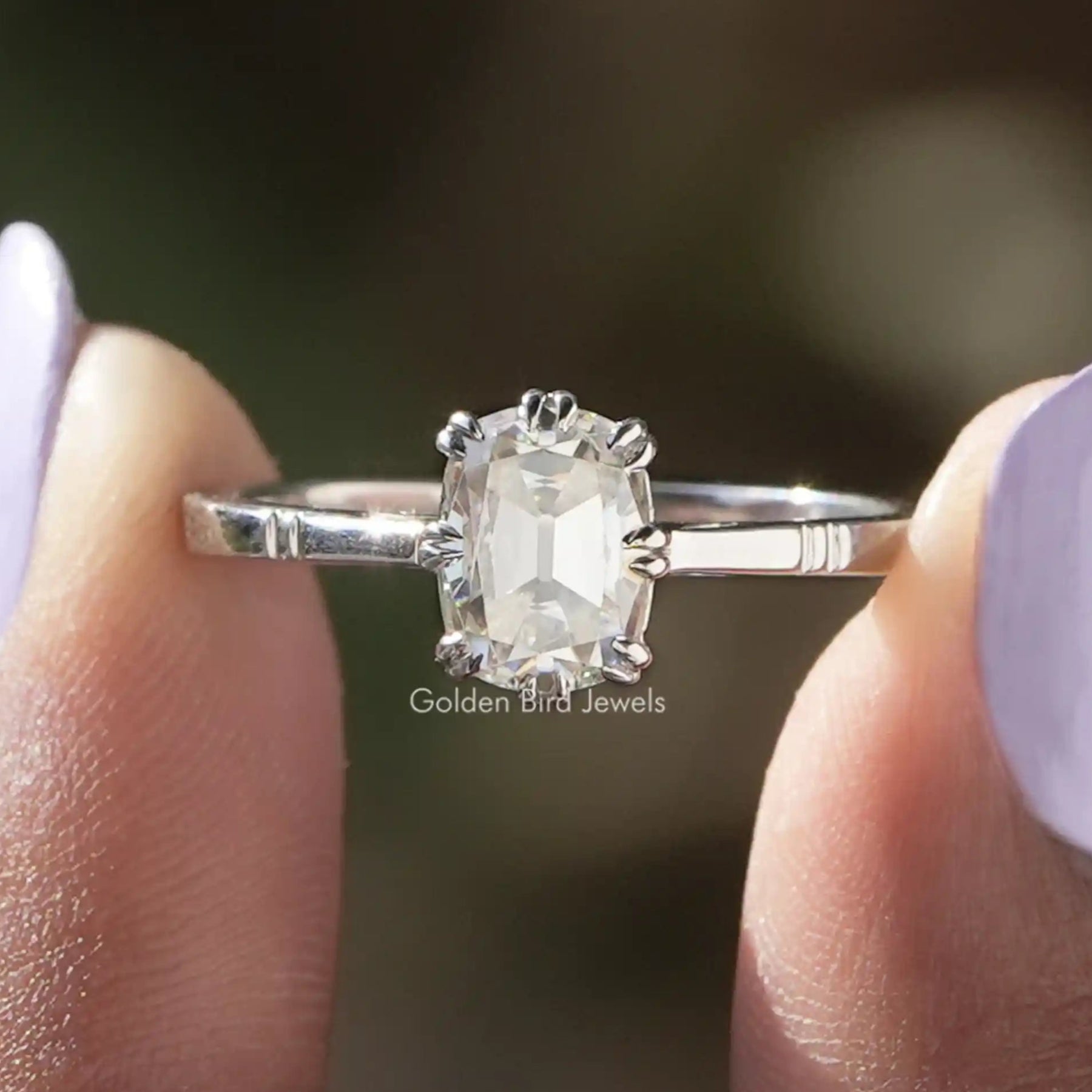 [Old Mine Cushion Cut Ring 14k White Gold]-[Golden Bird jewels]