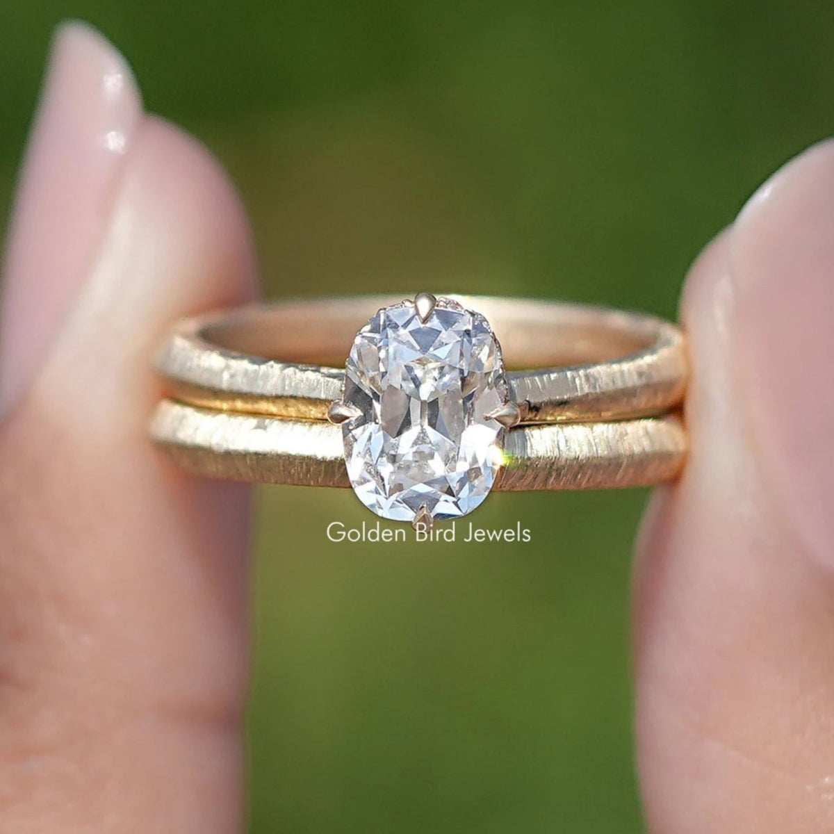 View Of Round Cut Old Mine Cushion Cut Lab Diamond Bridal Ring Set
