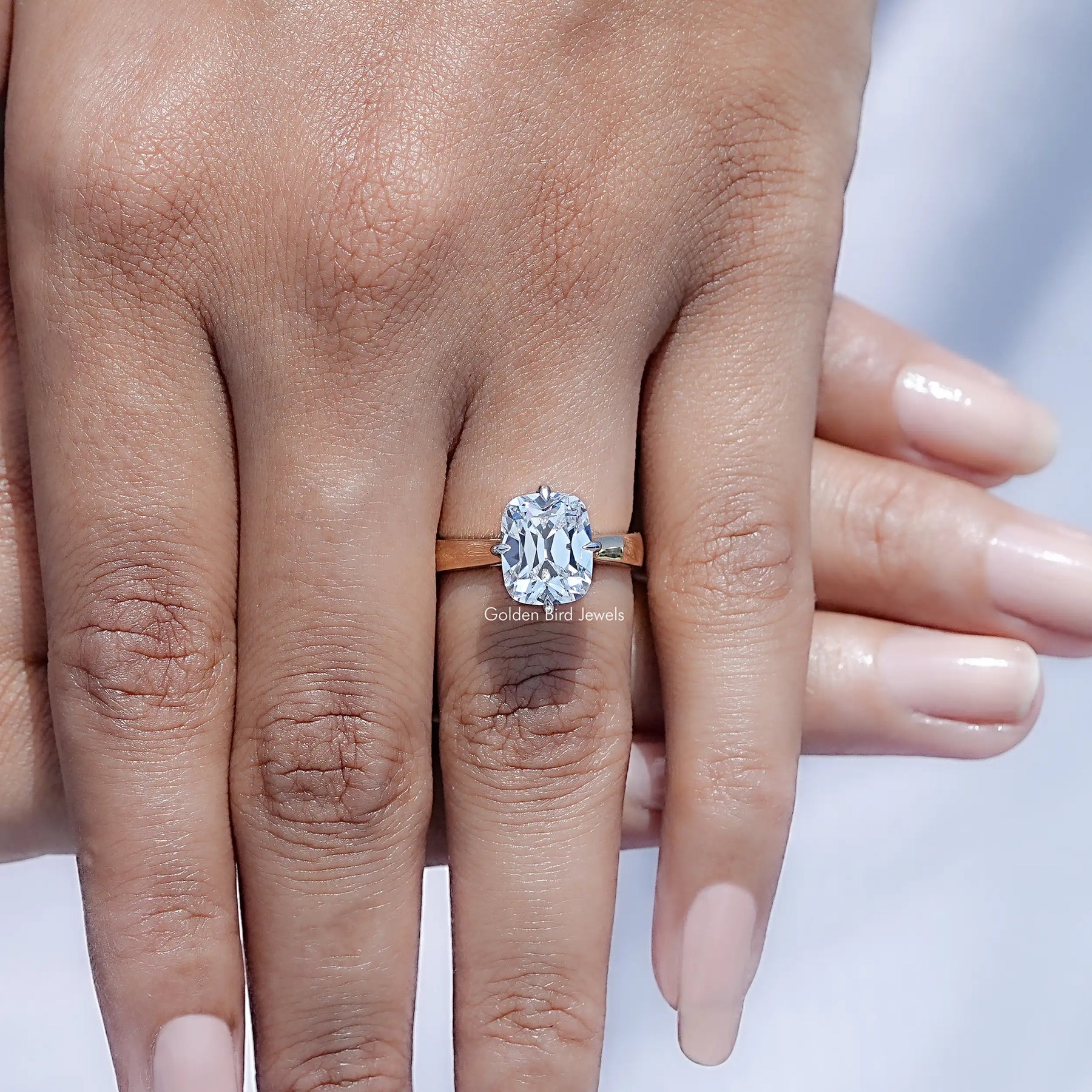View of Cushion Cut Lab Diamond Halo Ring in prongs setting 