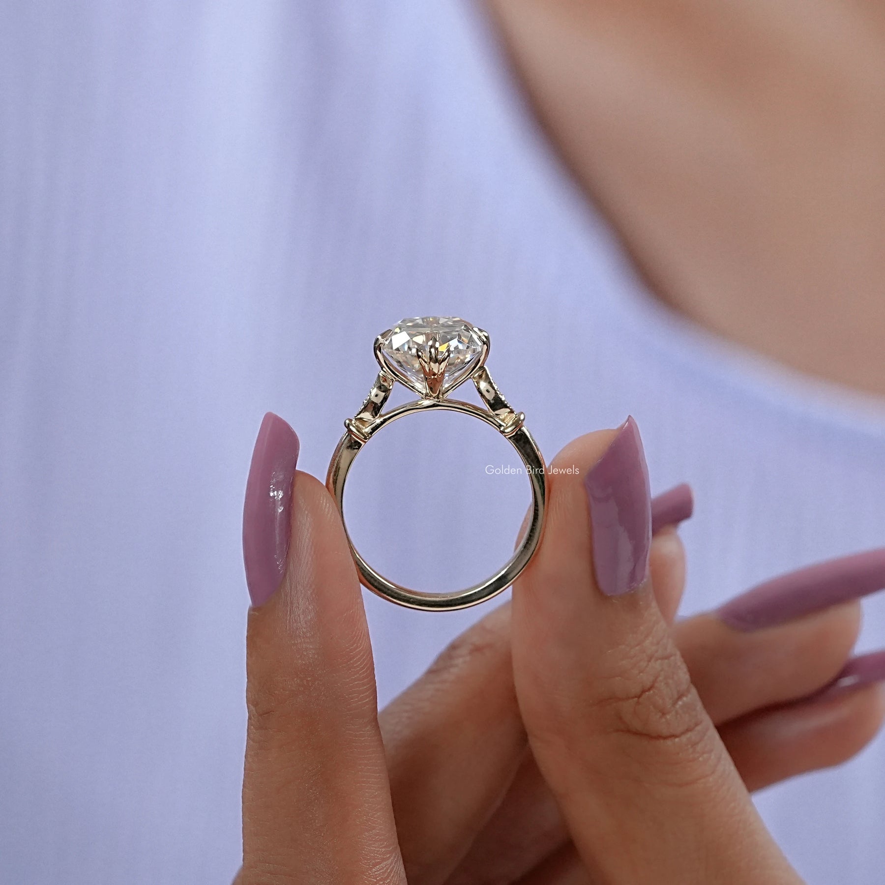 Back View of Cushion Cut Moissanite Engagement Ring In finger