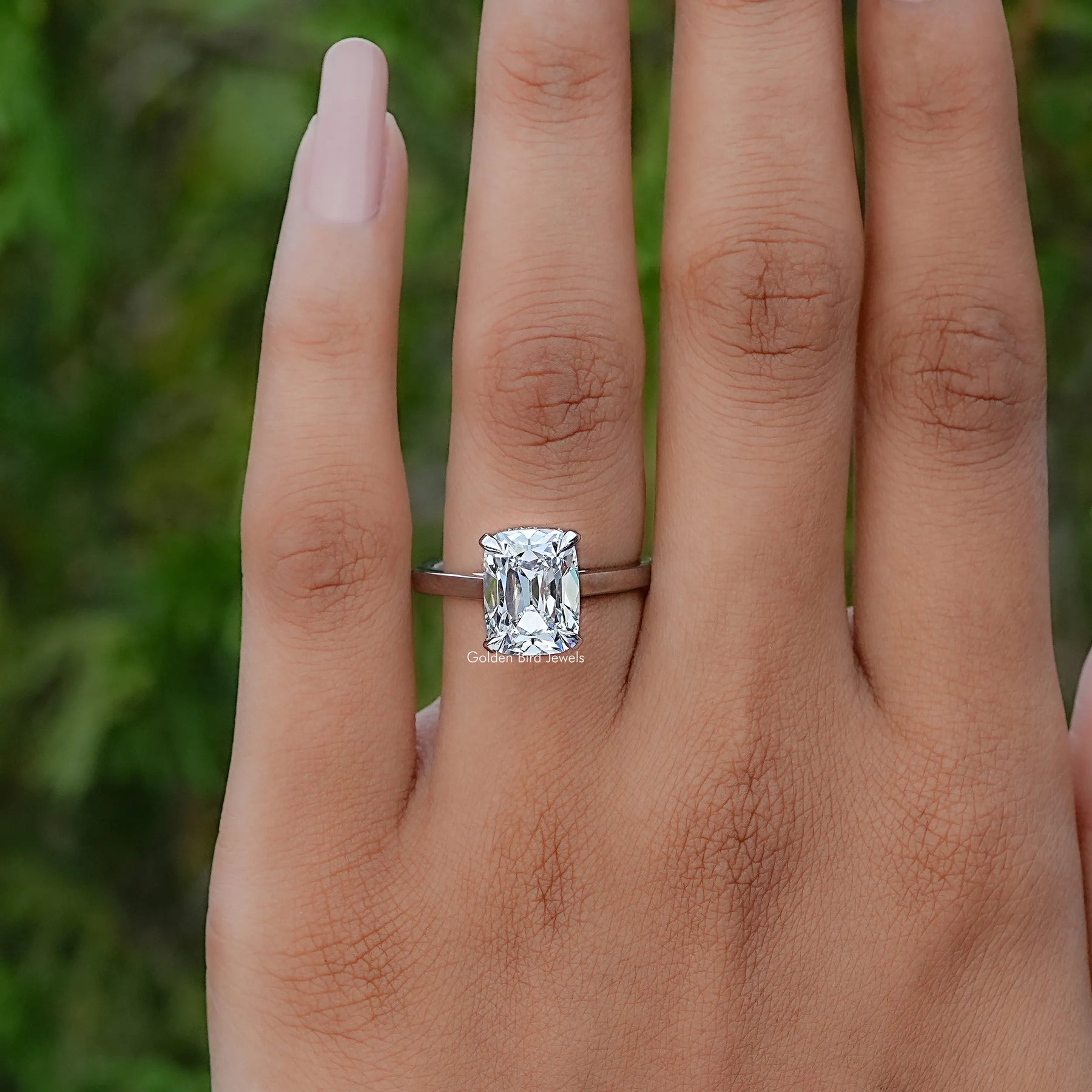 View of Old Mine Cushion Shaped Hidden Halo Diamond Ring In White Gold