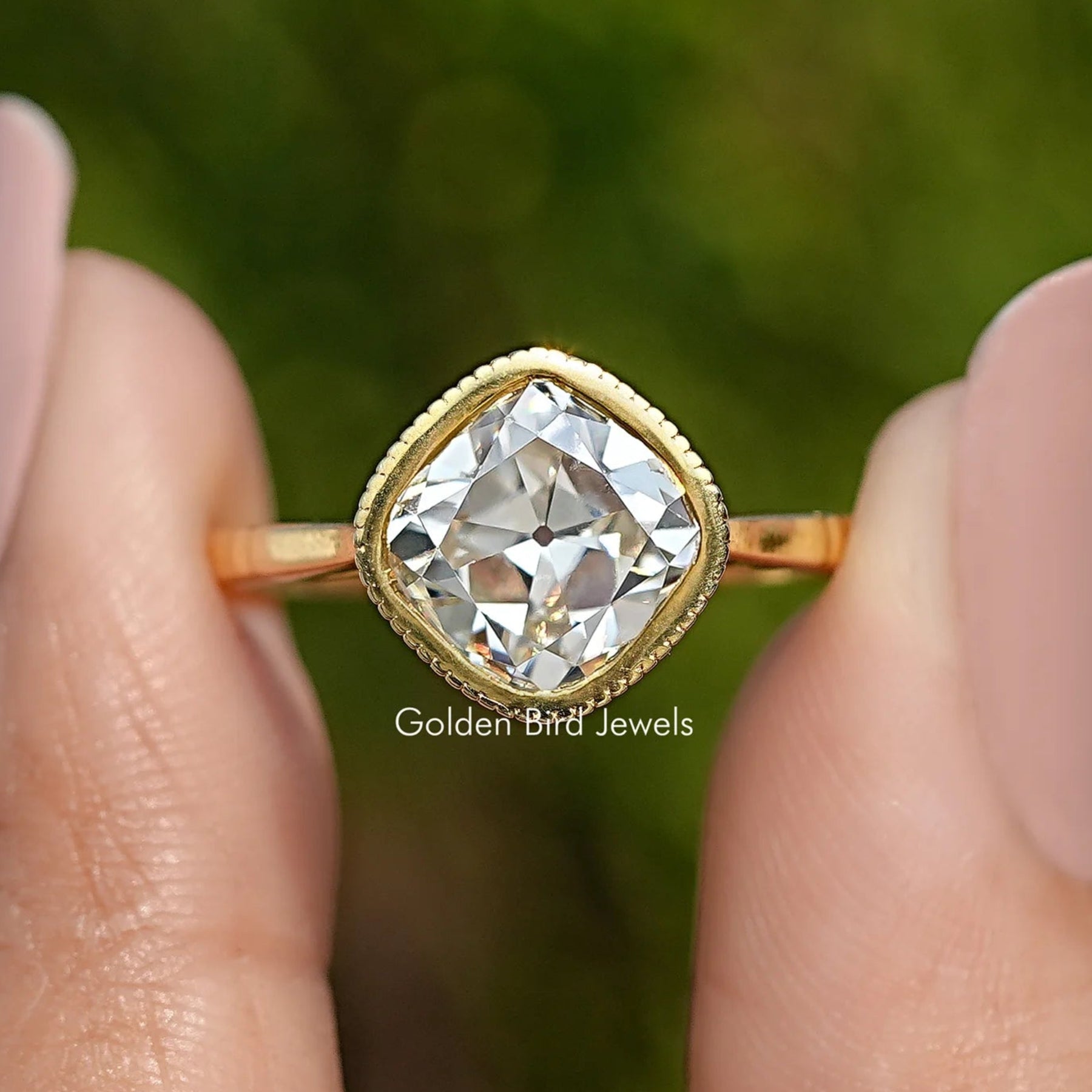 Old Mine Cushion Cut Bezel Set Solitaire Ring