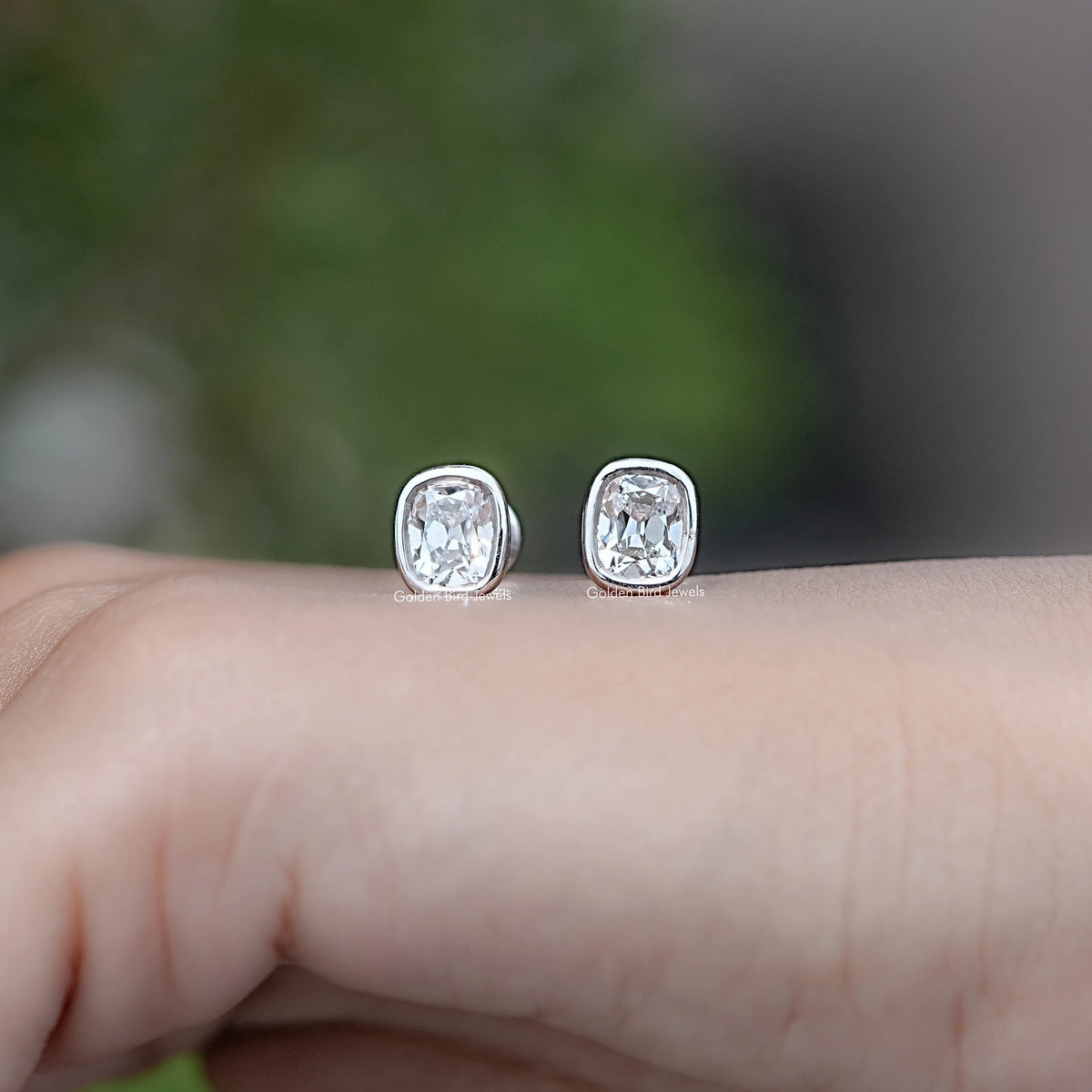 Front view of  Old Mine Cushion Diamond Stud Earrings