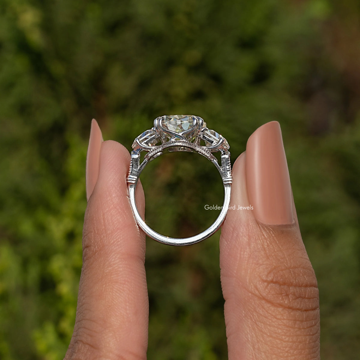 Old Mine Cushion Moissanite Three Stone Ring