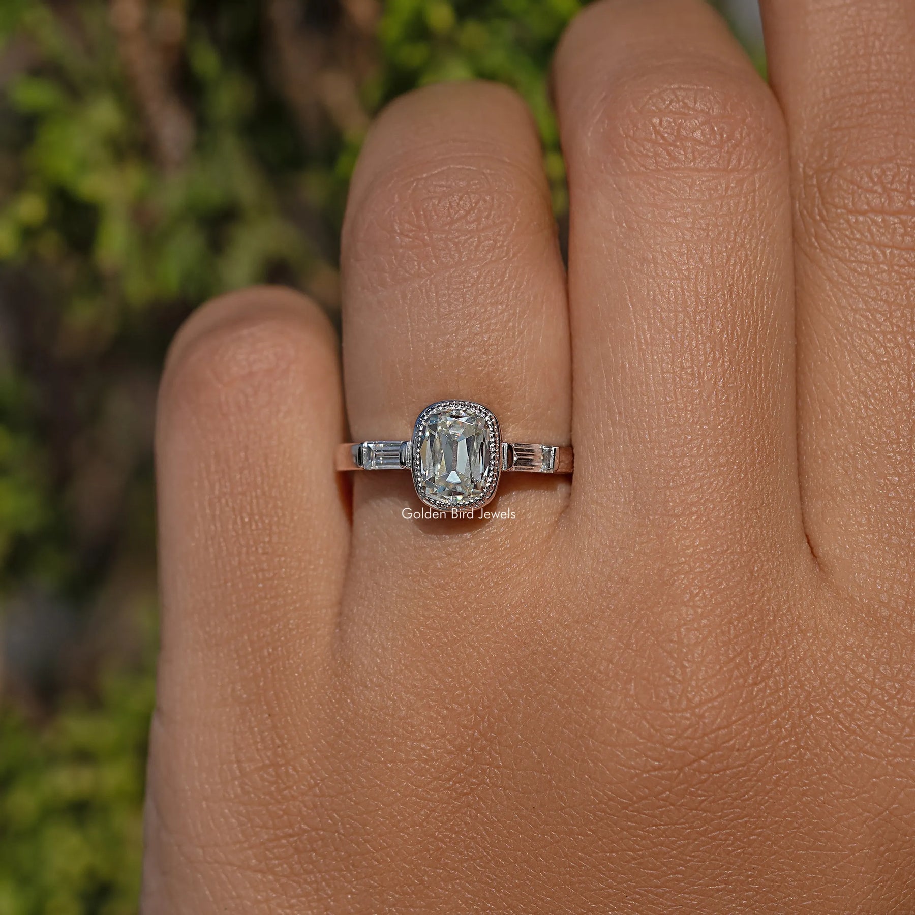 Elongated Old Mine Cushion Moissanite Three Stone Ring