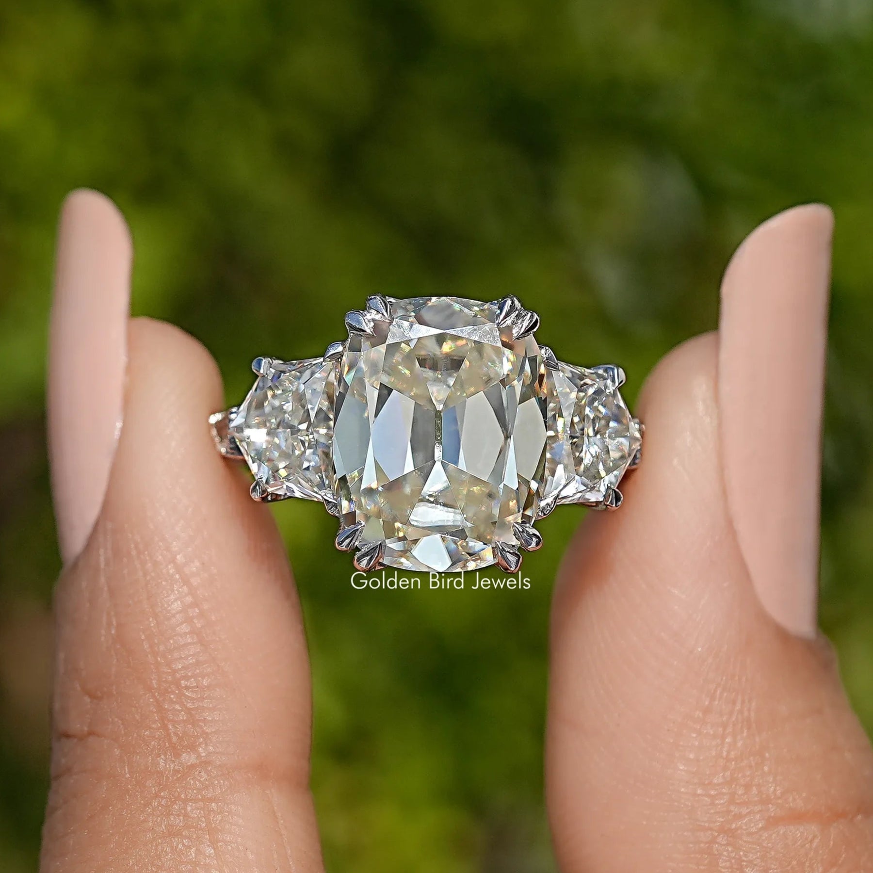 Old Mine Cushion Moissanite Three Stone Ring