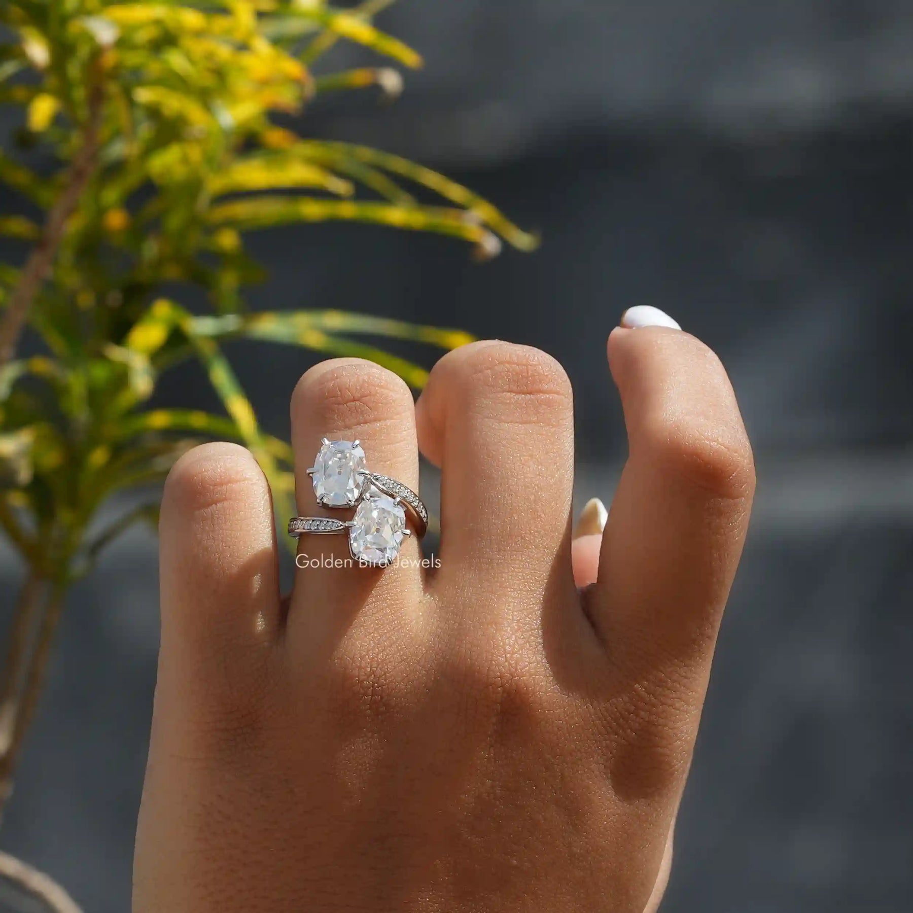 Moissanite Cushion Cut Two Stone Ring In White Gold