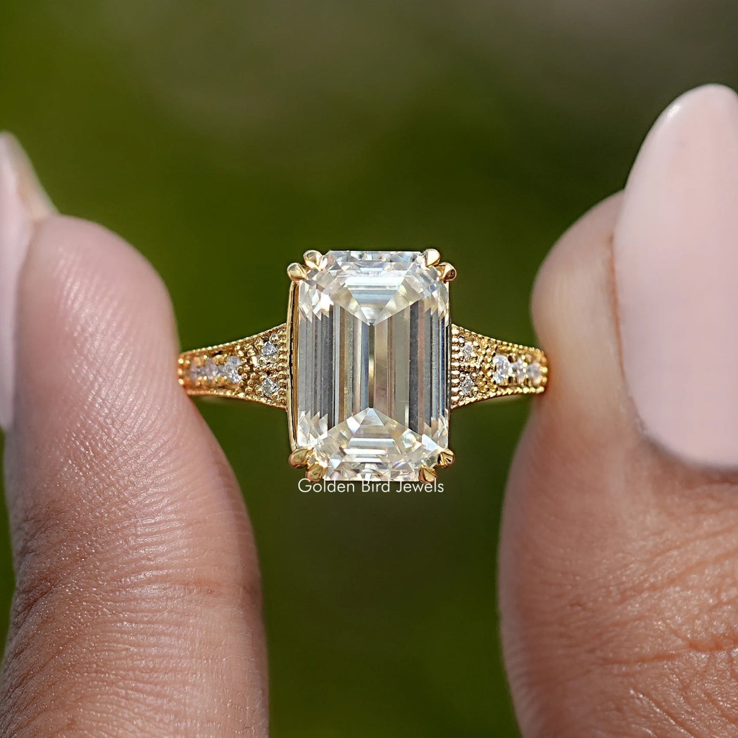 Front View of Old Mine Emerald Cut Moissanite Accent Stone Ring