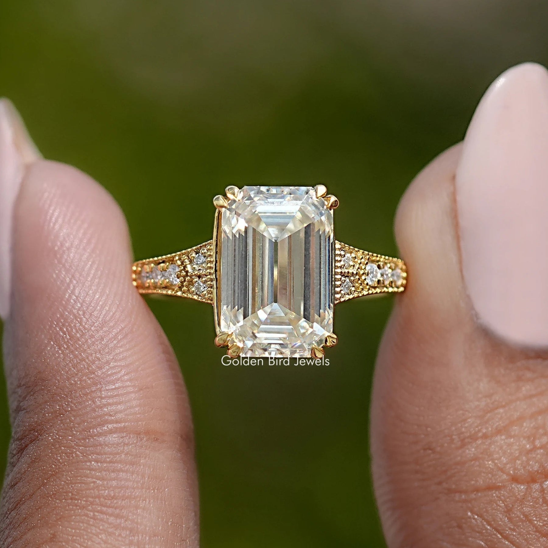 Old Mine Emerald Cut Moissanite Accent Stone Ring