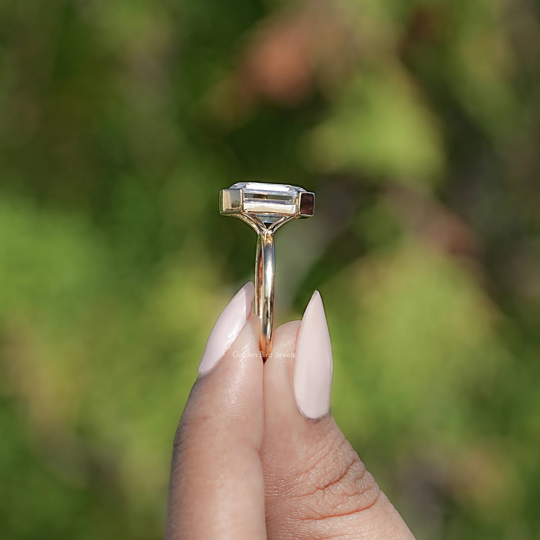 Near Colorless Old Mine Emerald Cut Moissanite Ring