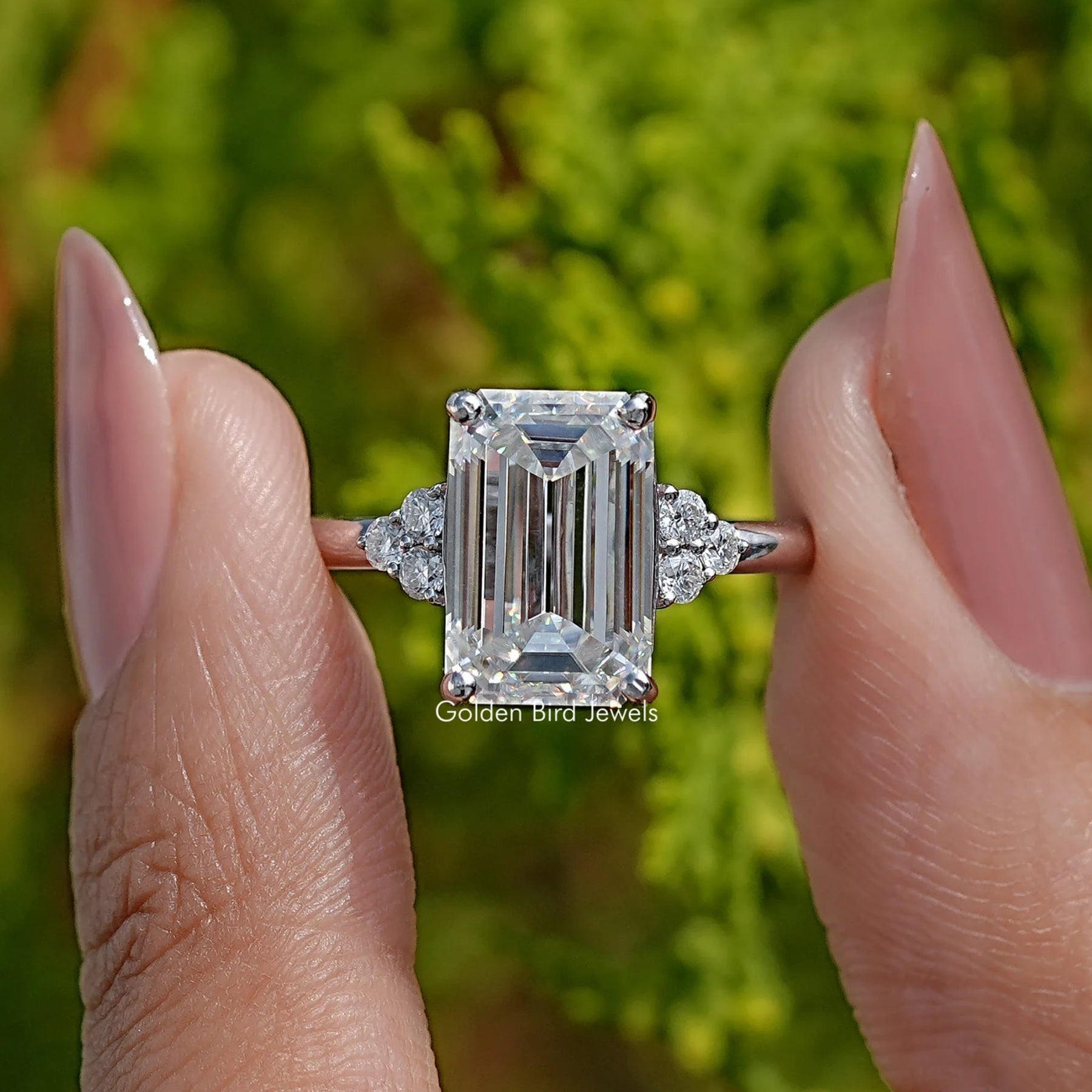 Old Mine Emerald Moissanite Engagement Ring