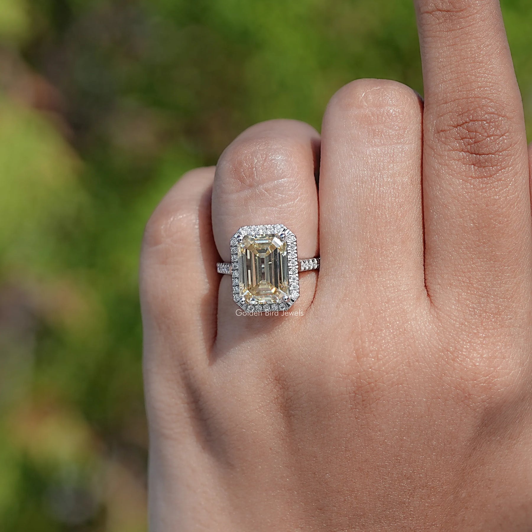 Old Mine Emerald Moissanite Halo Accent Ring