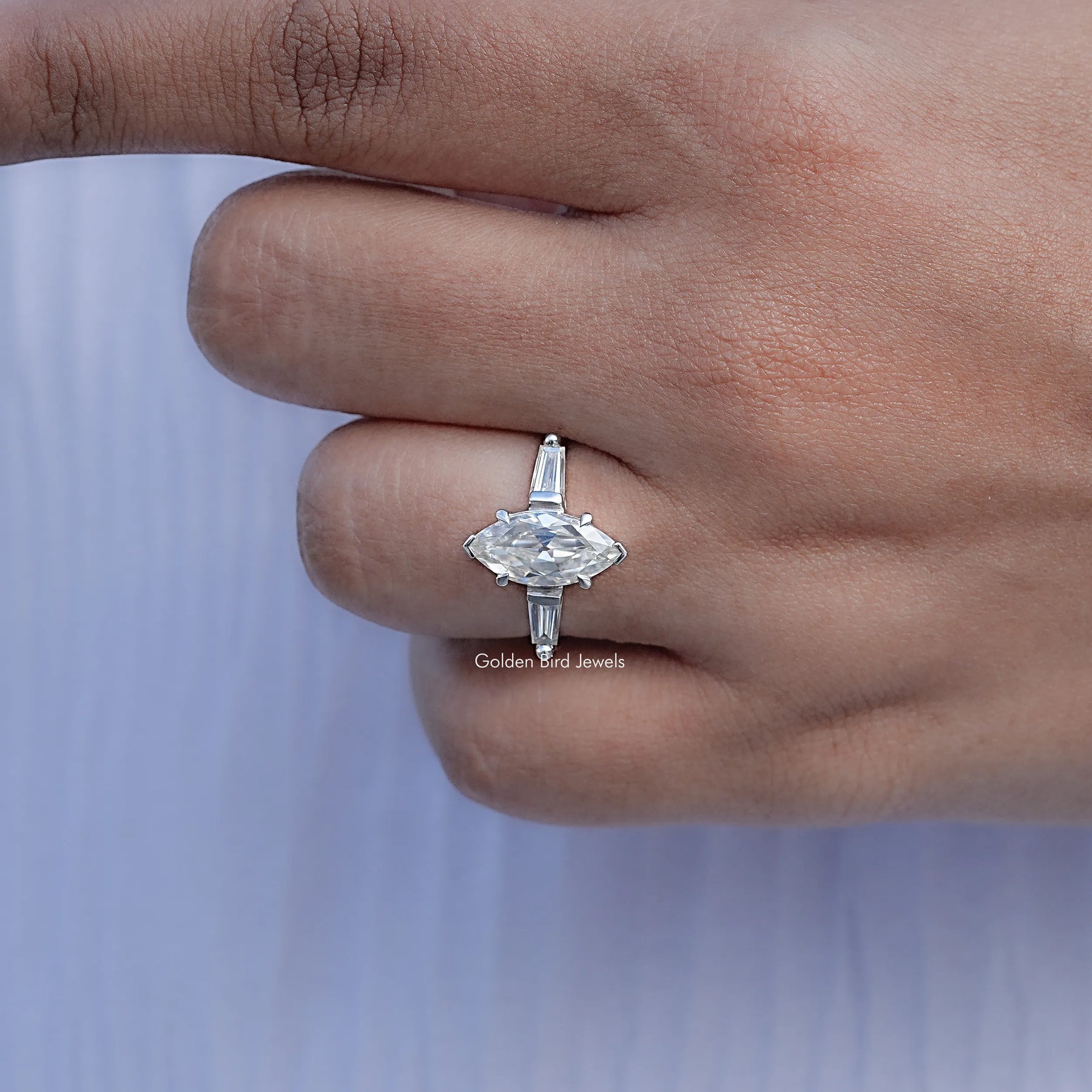 Three Stone Old Mine Marquise Moissanite Ring