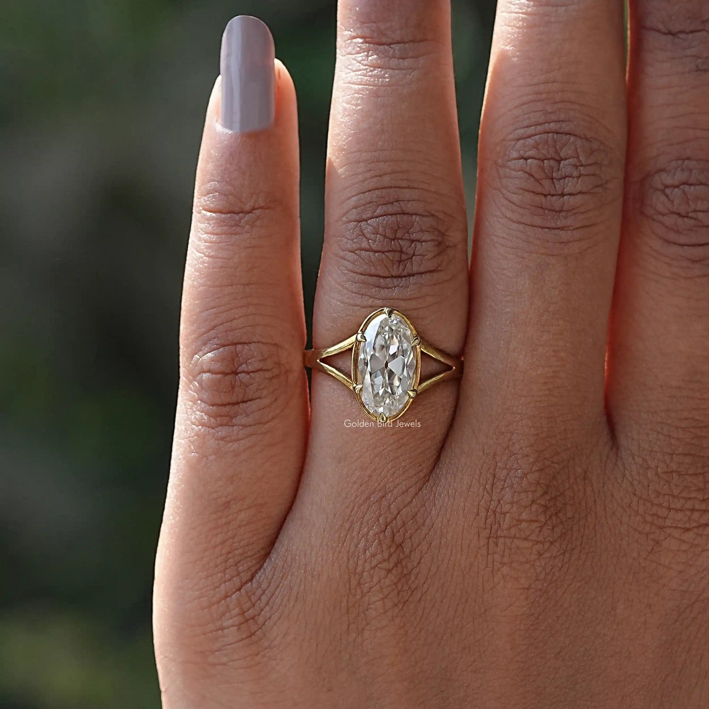 View of Old Mine Moval Cut Solitaire Ring In finger