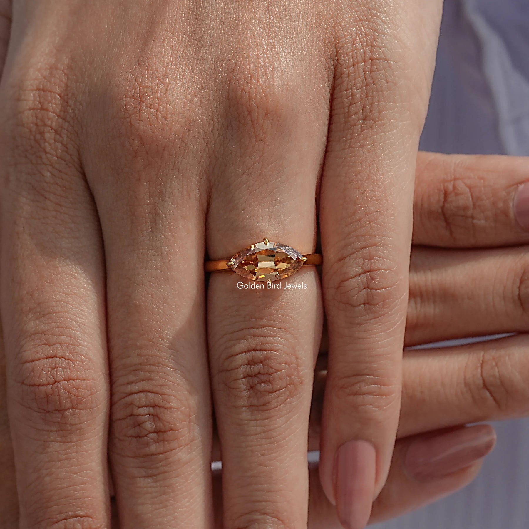 Champagne East West Old Mine Moval Moissanite Ring