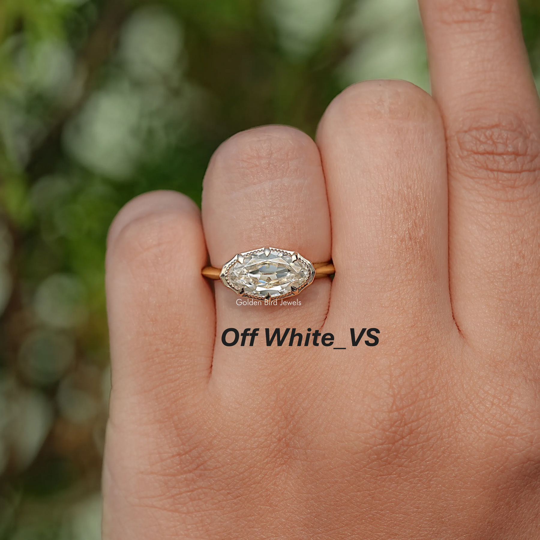 East West Old Mine Moval Moissanite Solitaire Ring