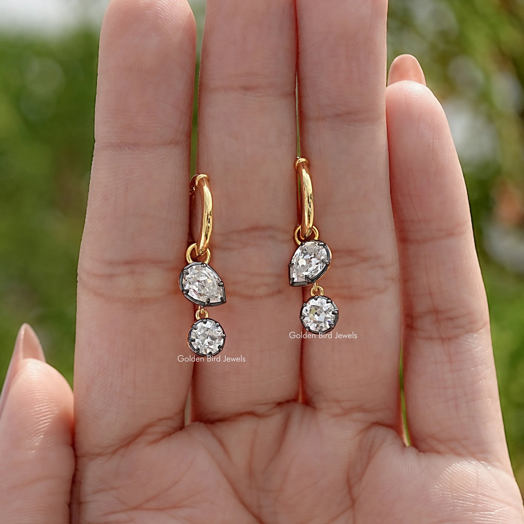 Old Mine Pear And Round Moissanite Dangle Hoop Earrings