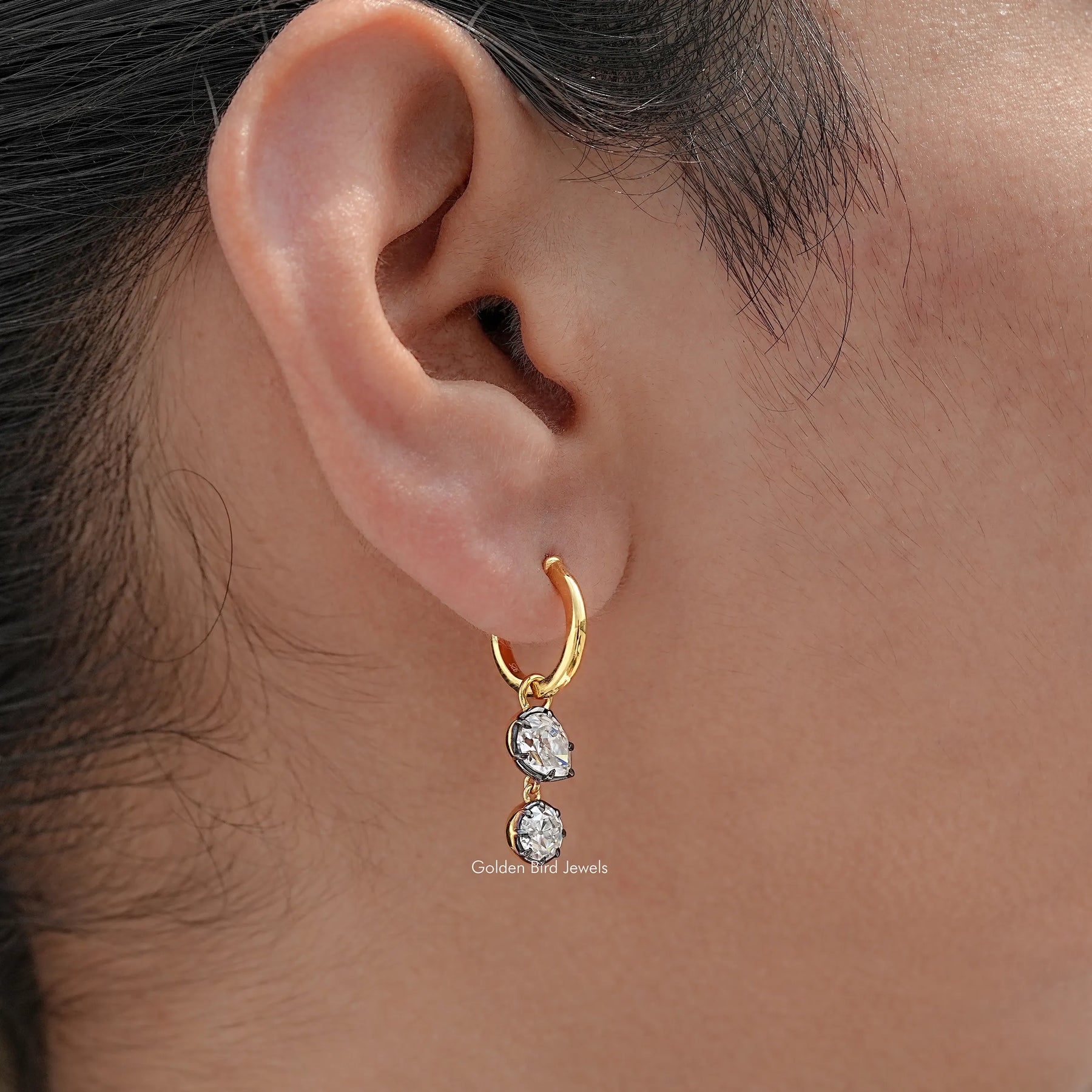 Old Mine Pear And Round Moissanite Dangle Hoop Earrings