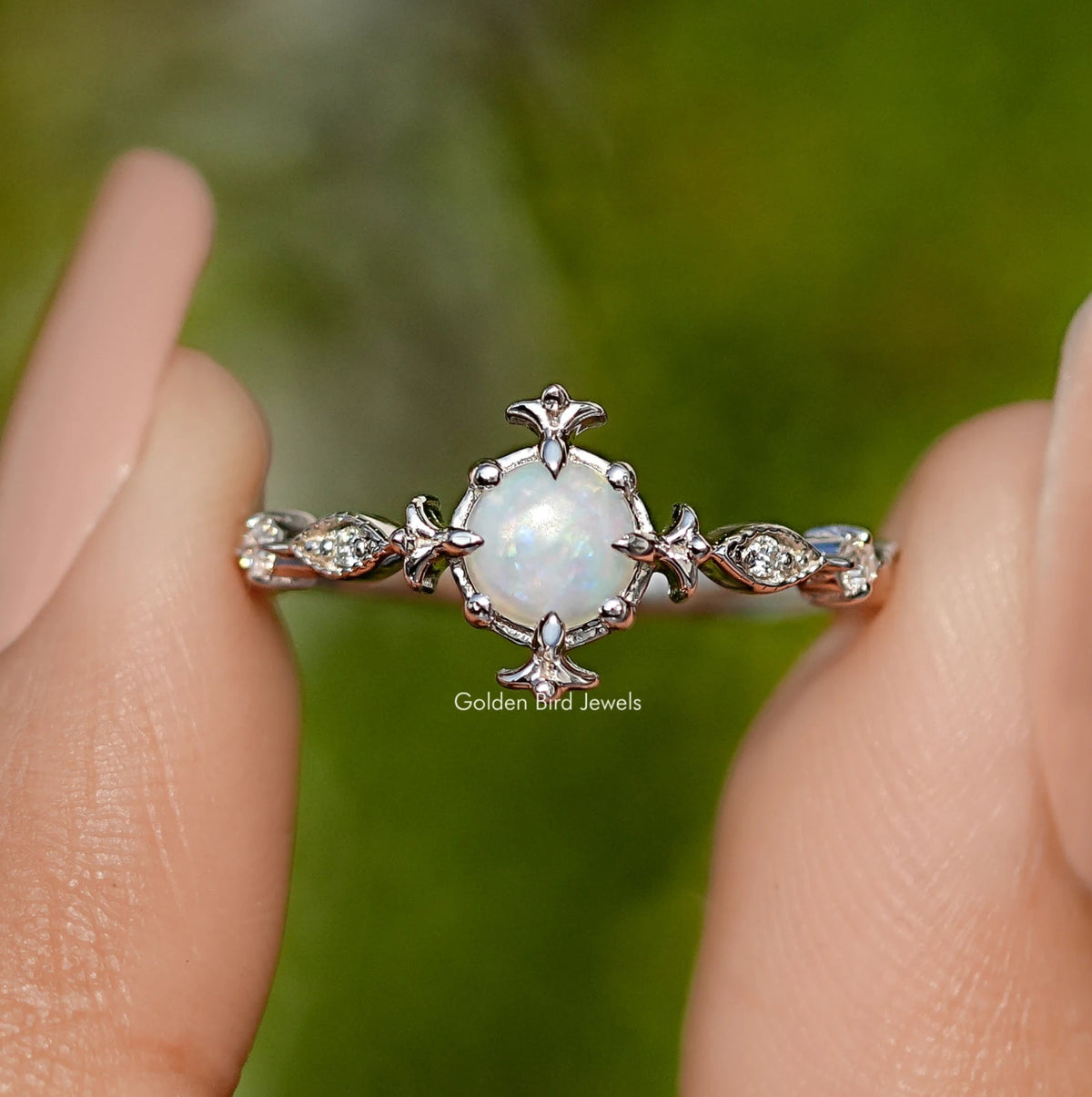 Opal Round Gemstone Accent Set Engagement Ring