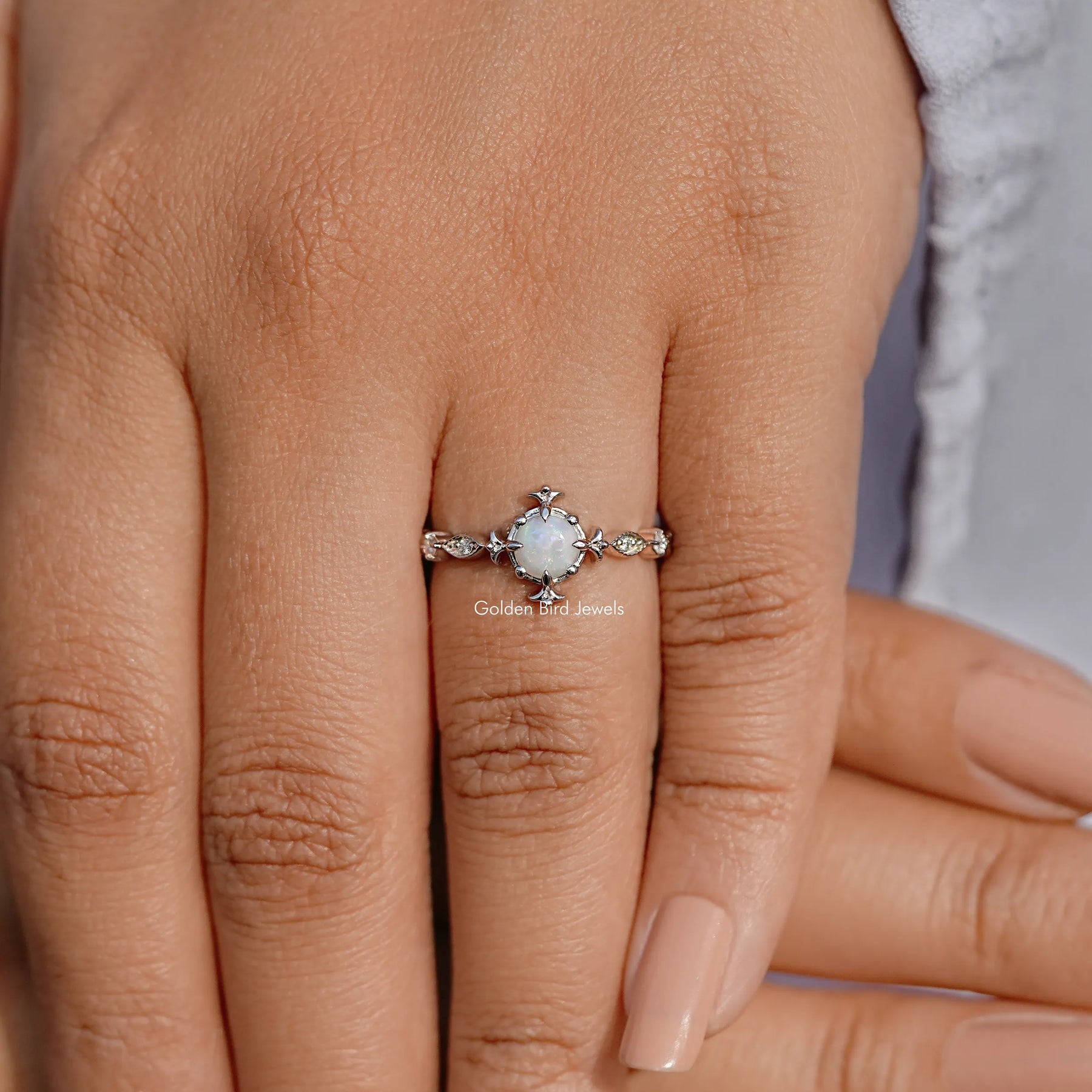 Opal Round Gemstone Accent Set Engagement Ring