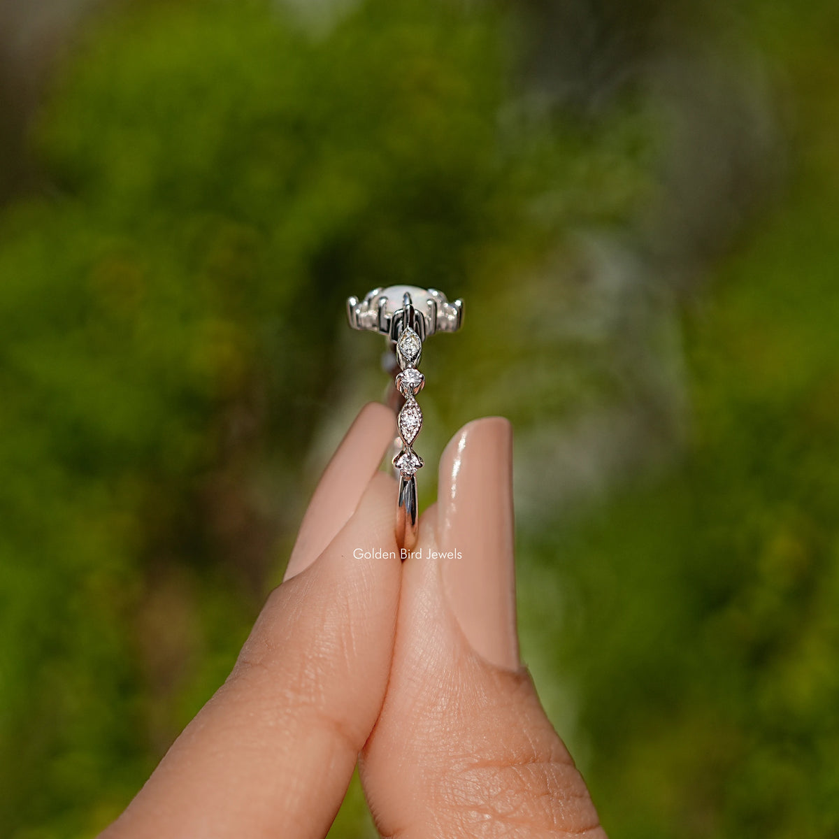 Opal Round Gemstone Accent Set Engagement Ring