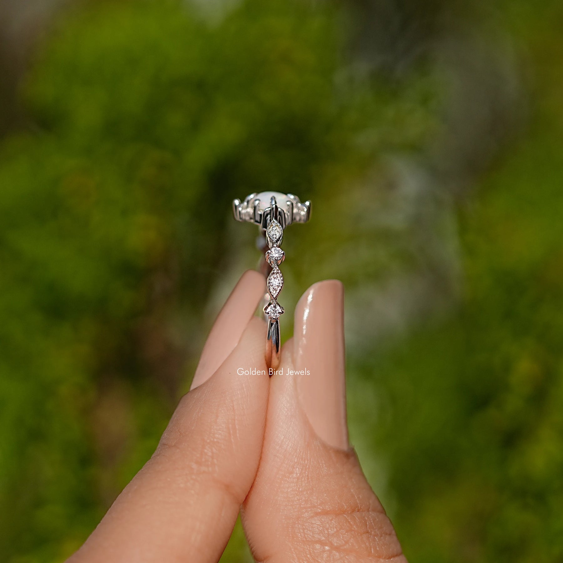 Opal Round Gemstone Accent Set Engagement Ring