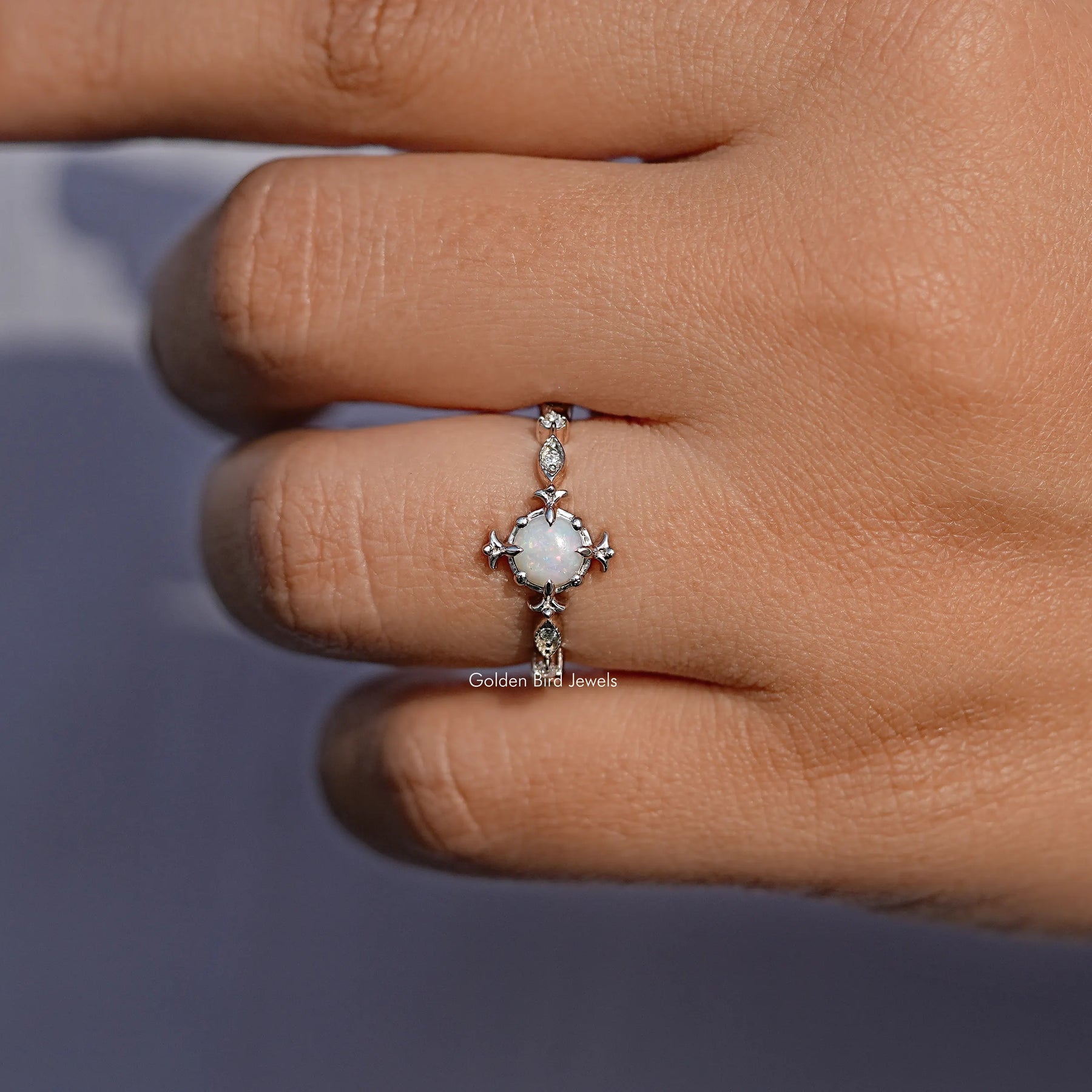 Opal Round Gemstone Accent Set Engagement Ring