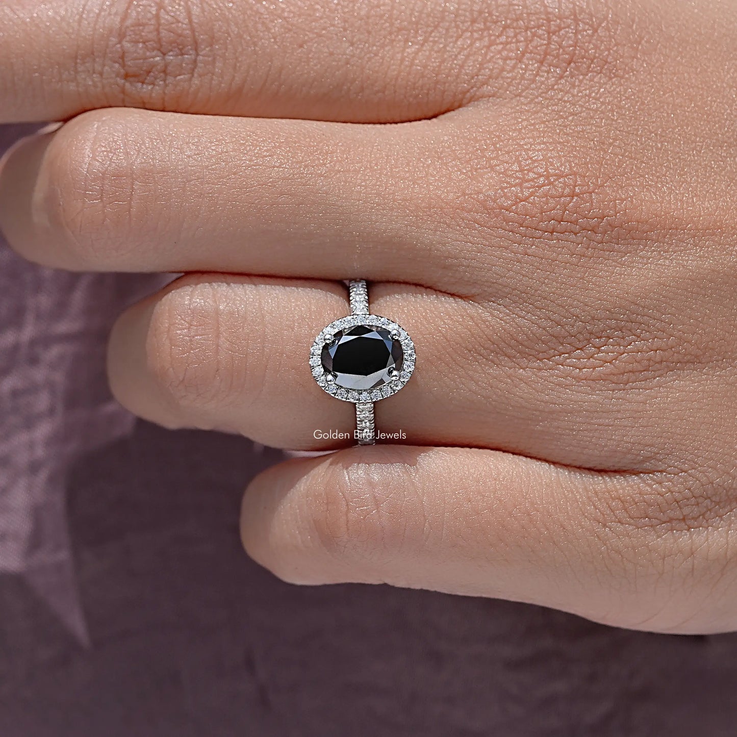 Black Oval Moissanite Gemstone Halo Engagement Ring
