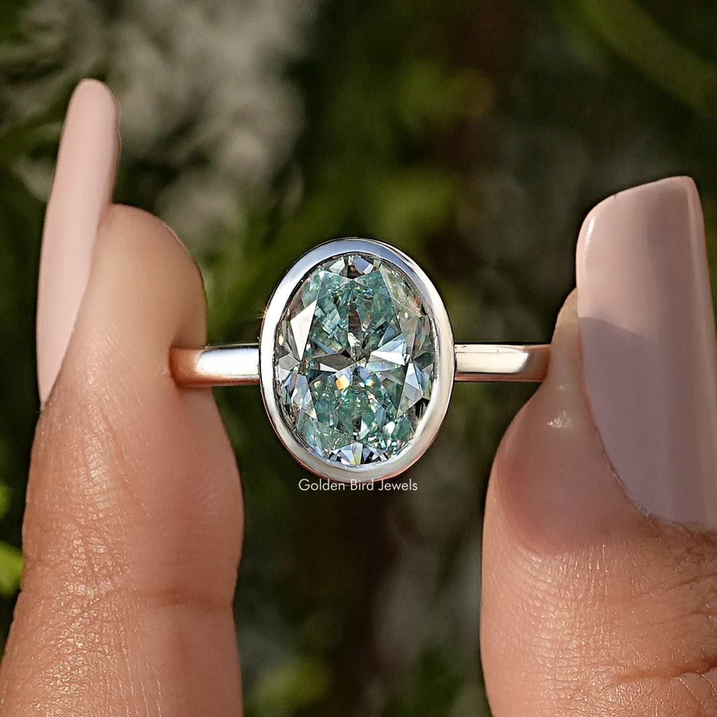 Oval Cut Moissanite Bezel Set Solitaire Engagement Ring