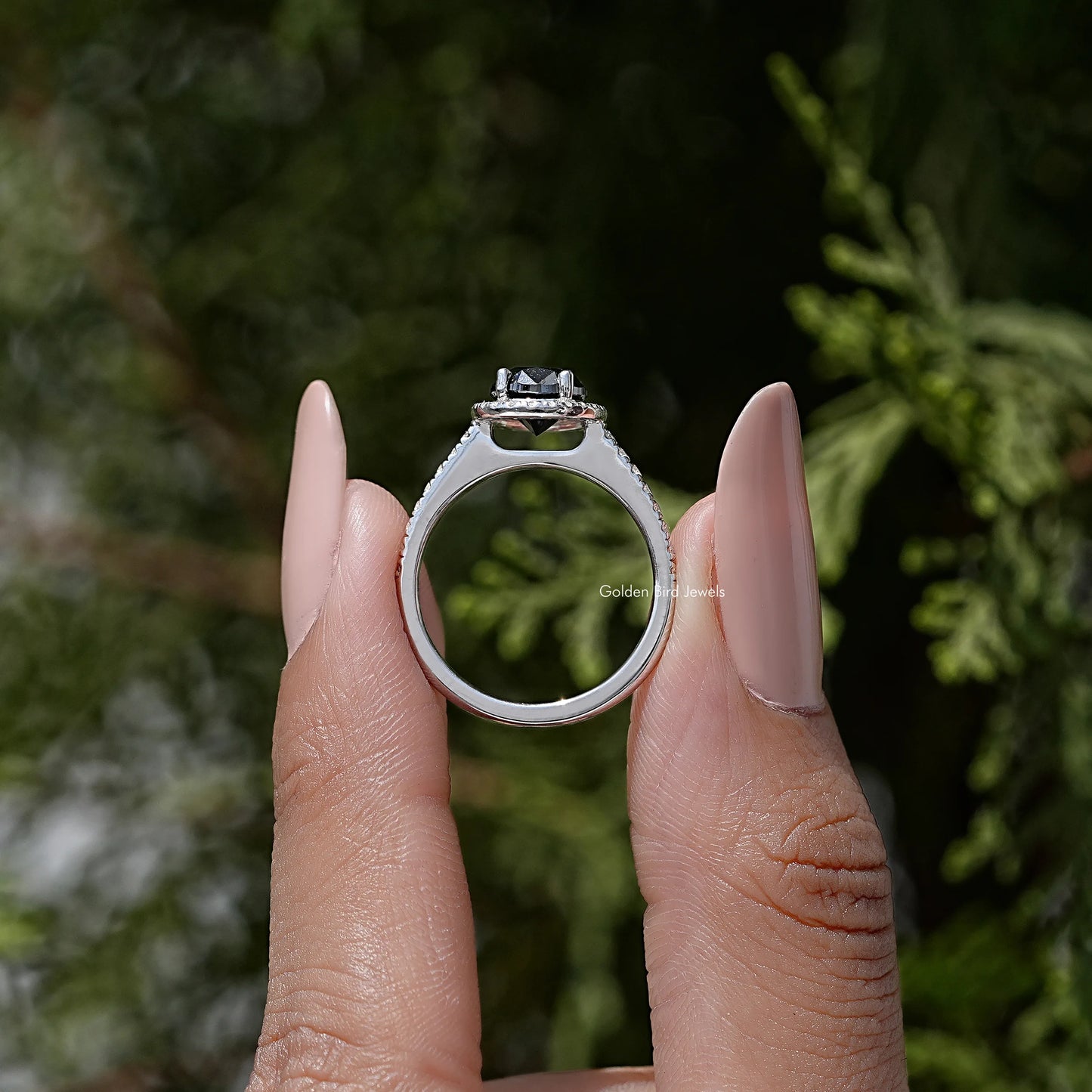 Black Oval Moissanite Gemstone Halo Accent Wedding Ring