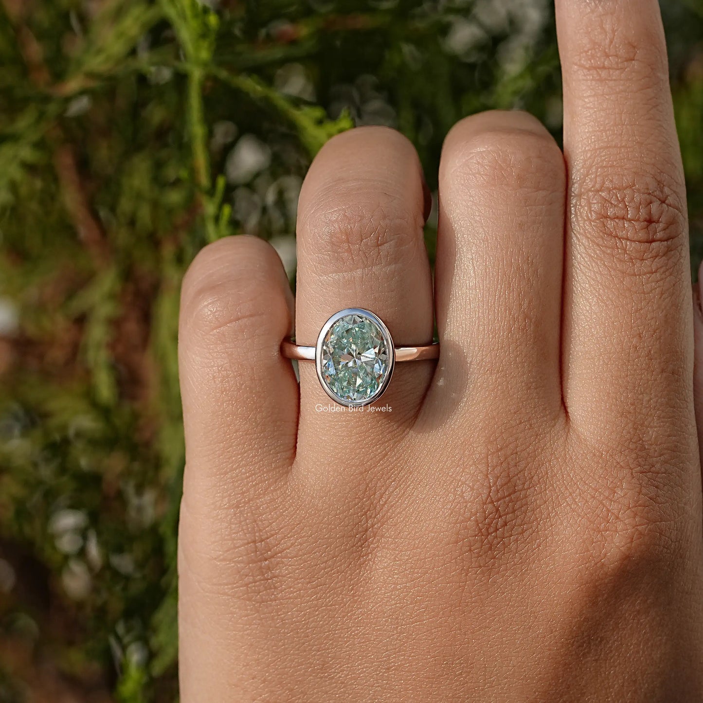 Oval Cut Moissanite Bezel Set Solitaire Engagement Ring