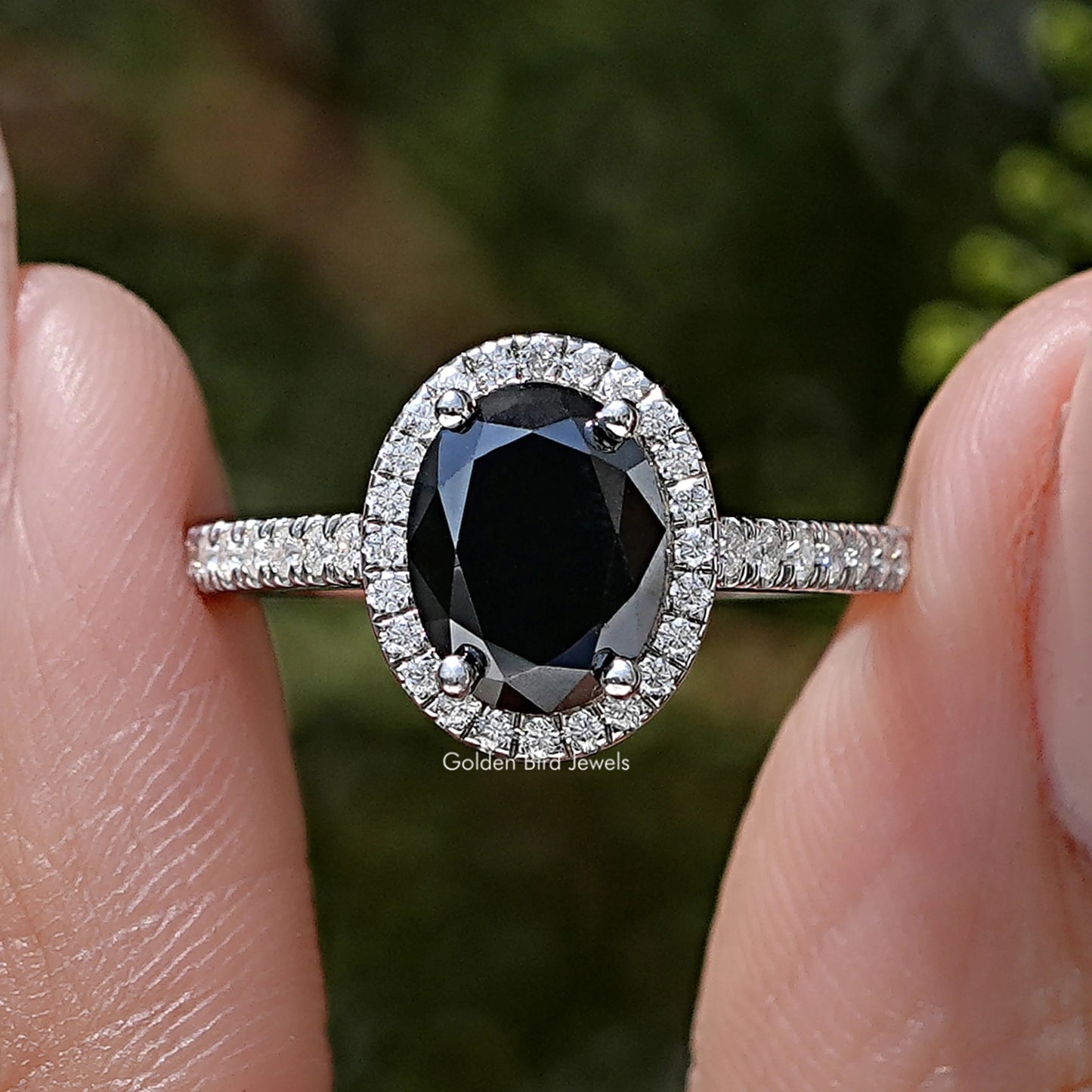 Black Oval Moissanite Gemstone Halo Accent Wedding Ring