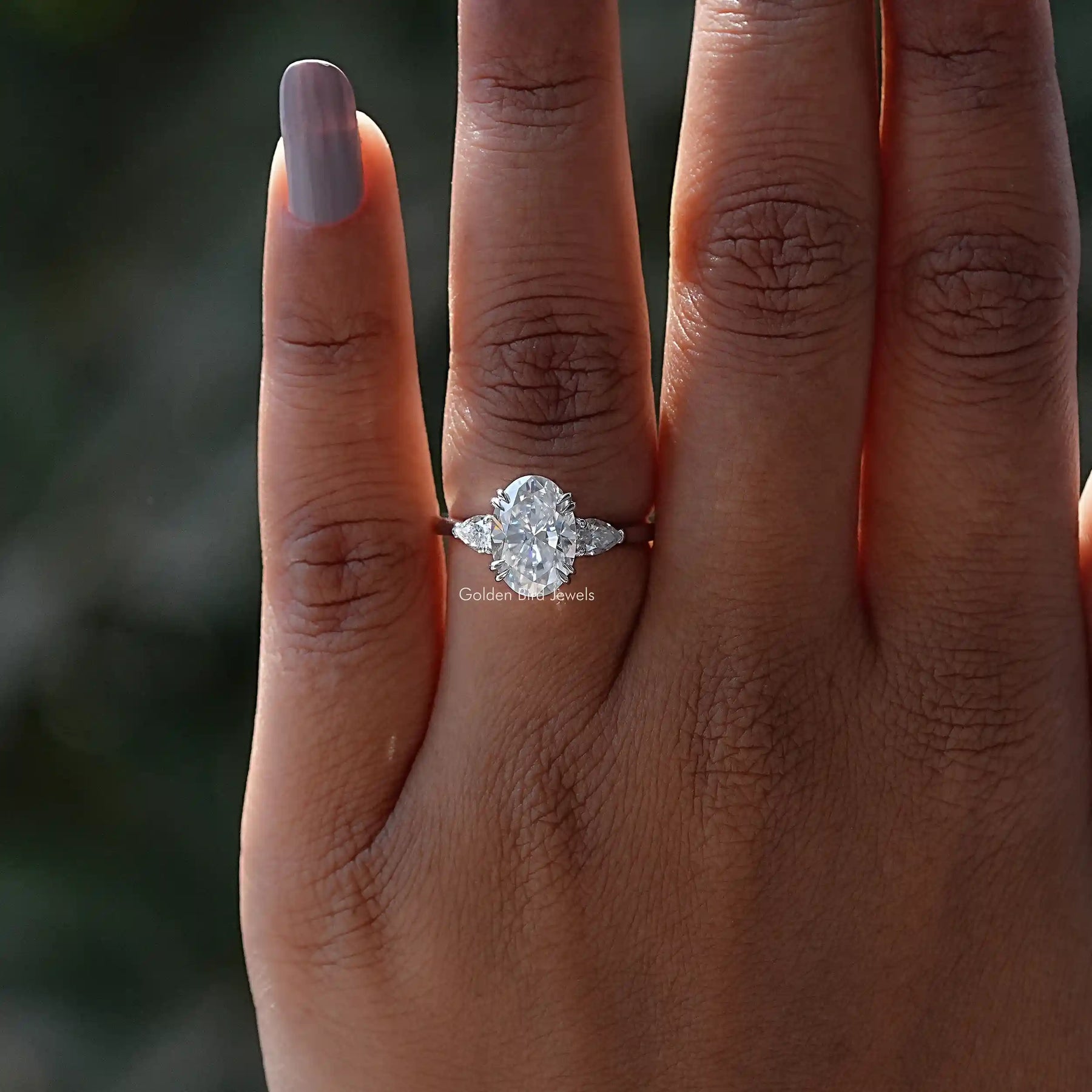 Detailed View Of Oval And Pear Cut Moissanite 3 Stone Ring In White Gold