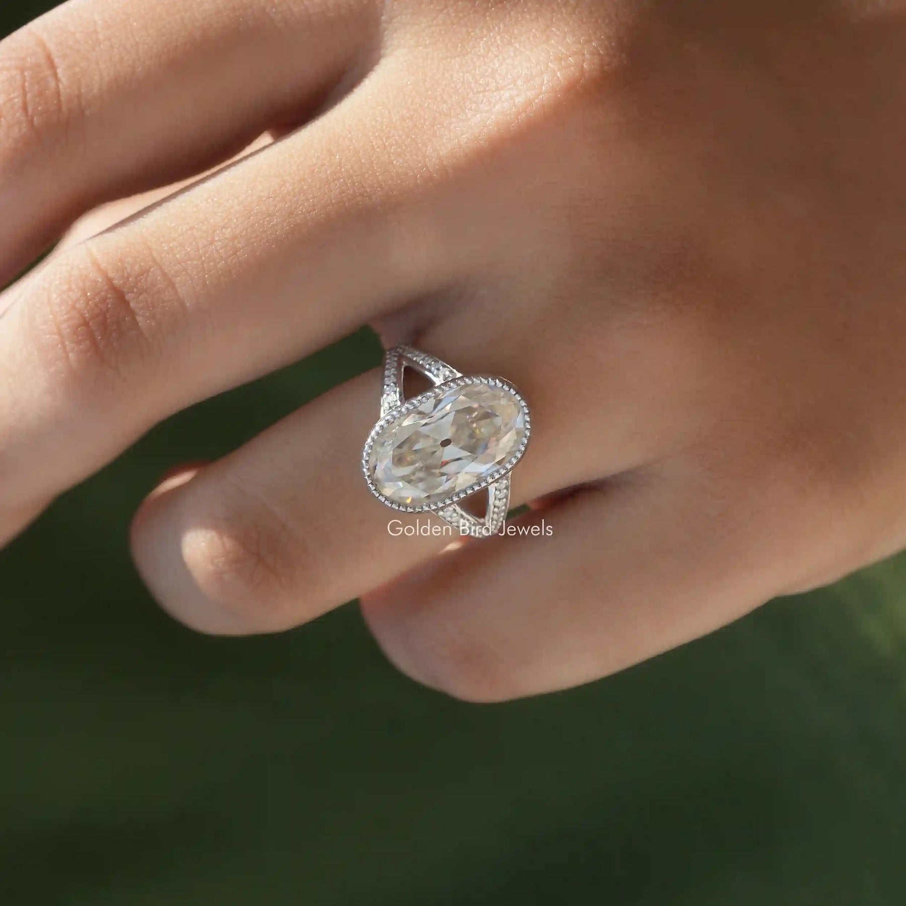 Old Mine Oval Cut Moissanite Ring In Finger