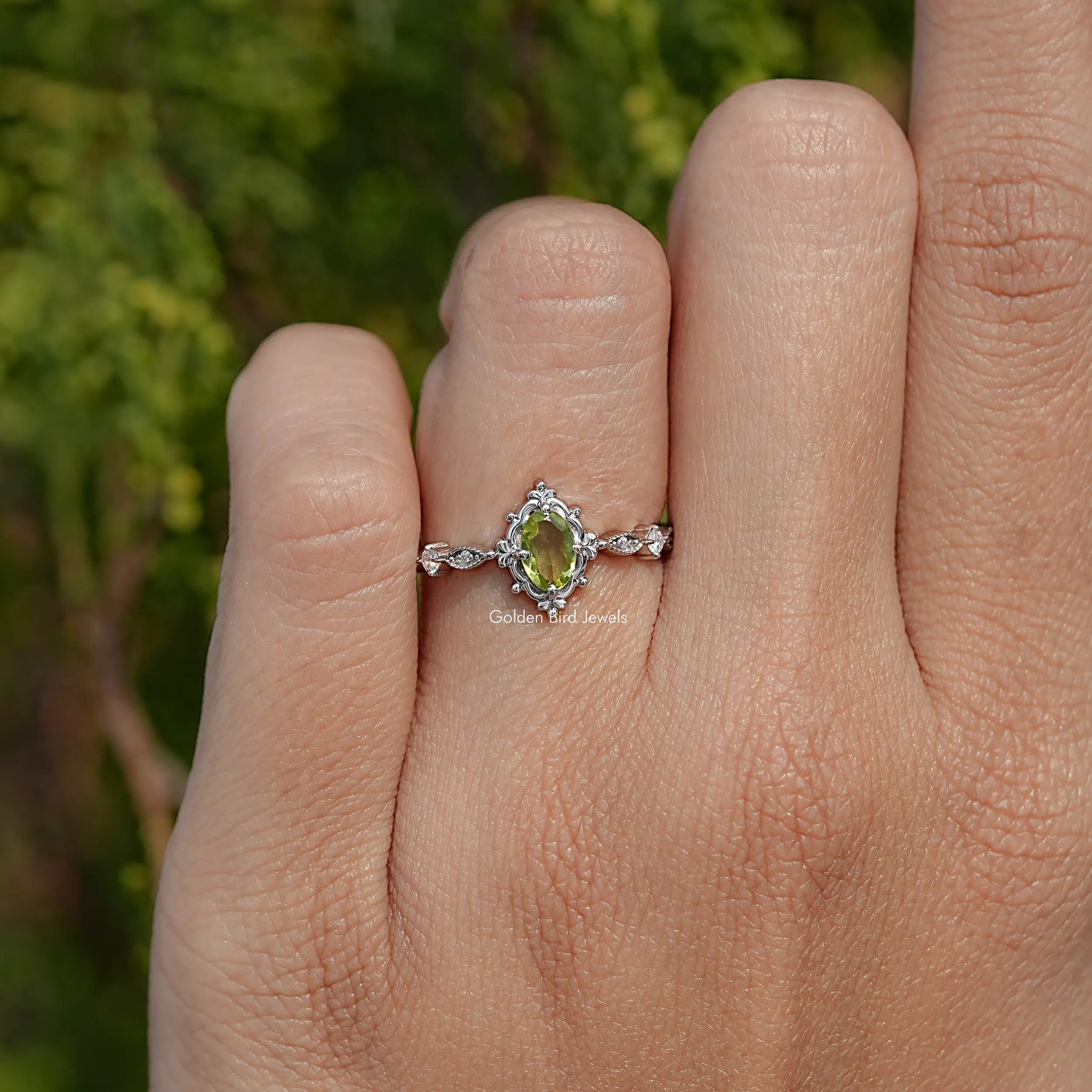 Peridot Green Oval Cut Gemstone Accent Ring