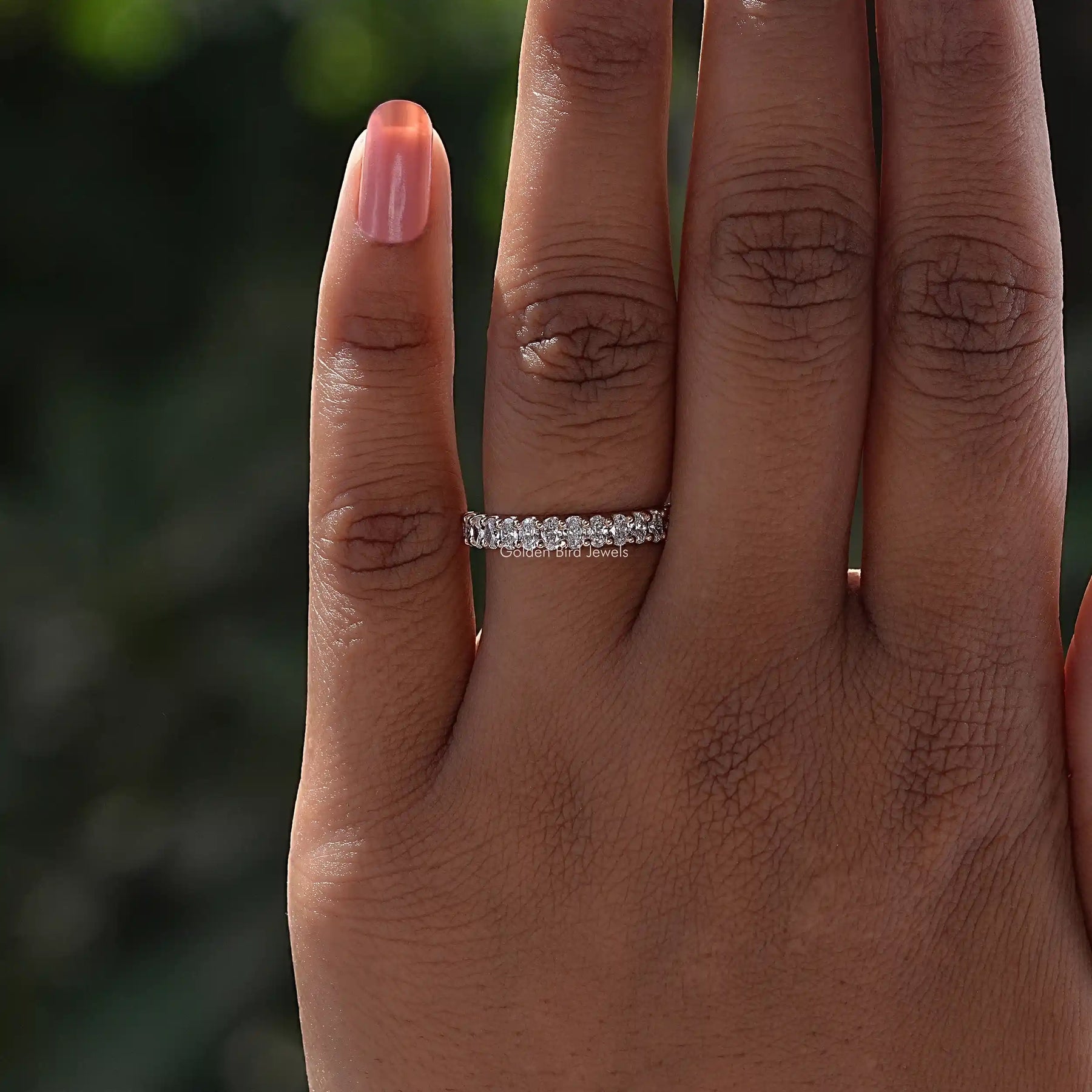 View of Oval Cut Lab Diamond Half Eternity Band In Yellow Gold