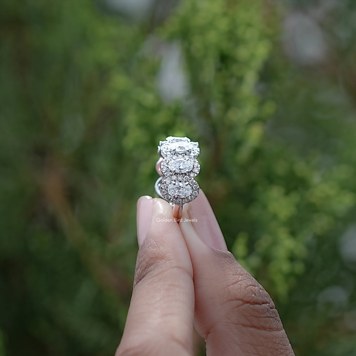 Side View of Oval Cut Lab Diamond Seven Stone Halo Band