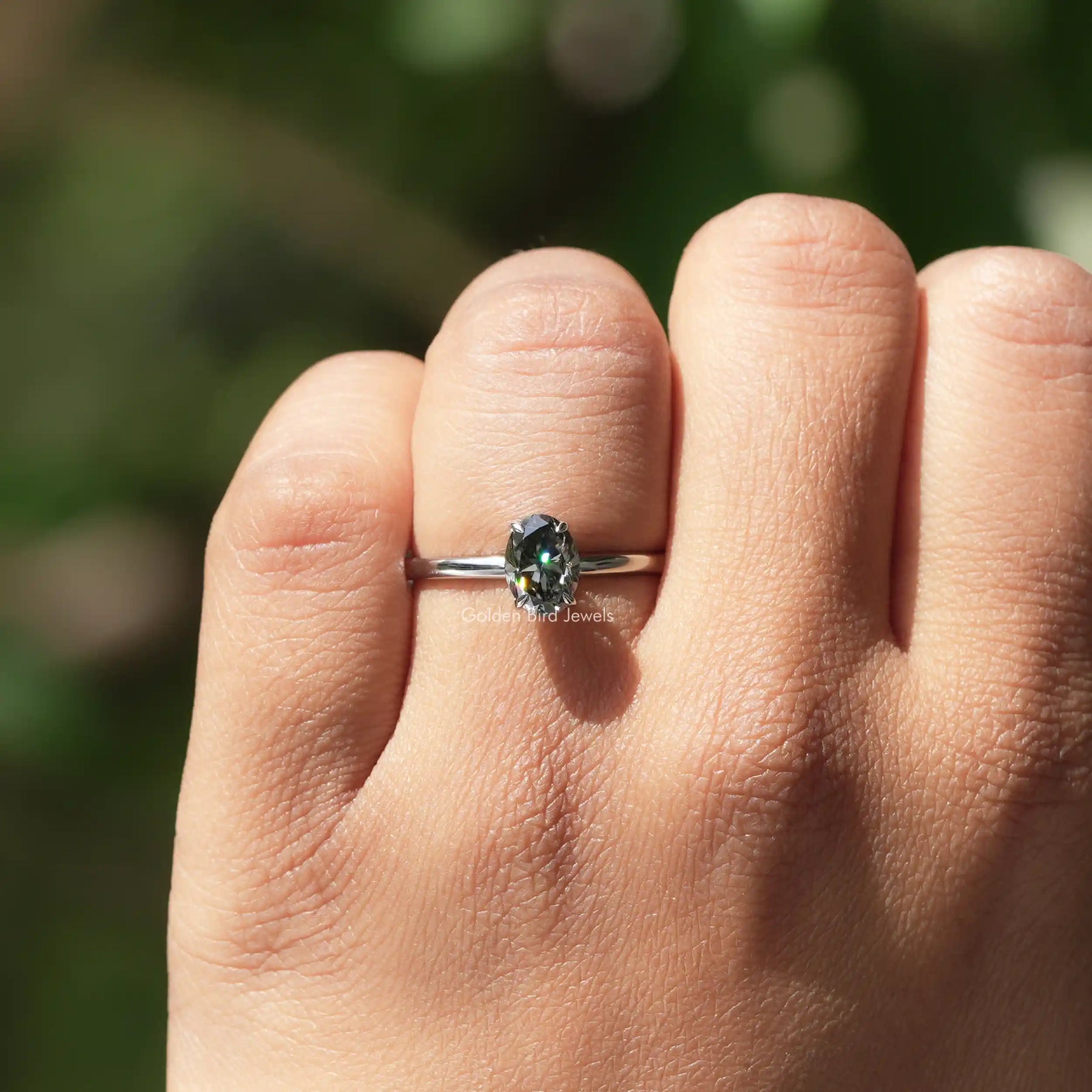 Gray Oval Cut Moissanite Solitaire Ring