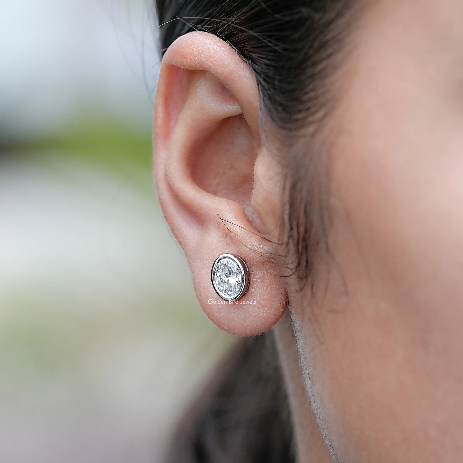 Bezel Set Oval Lab Diamond Stud Earrings