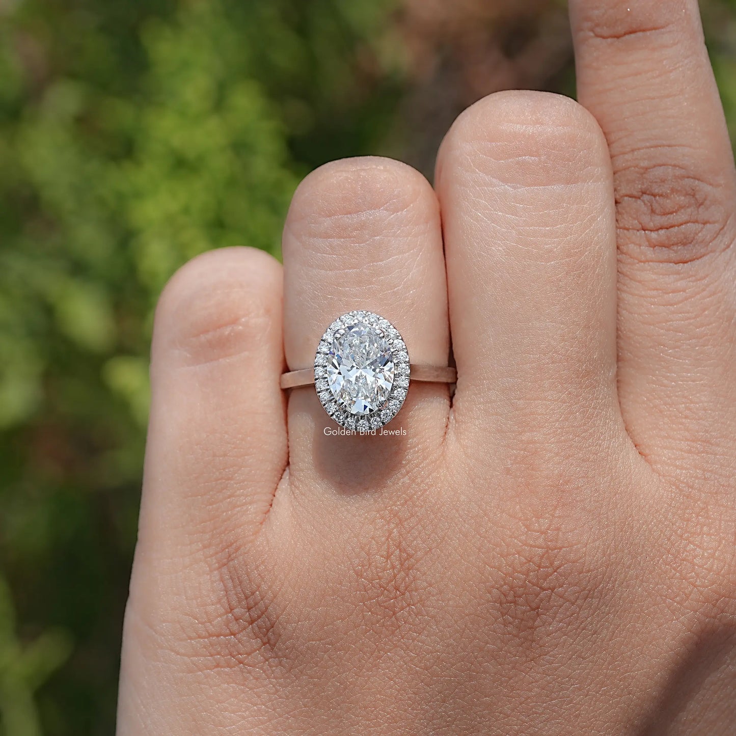 Top View Of Oval shaped diamond engagement ring 

