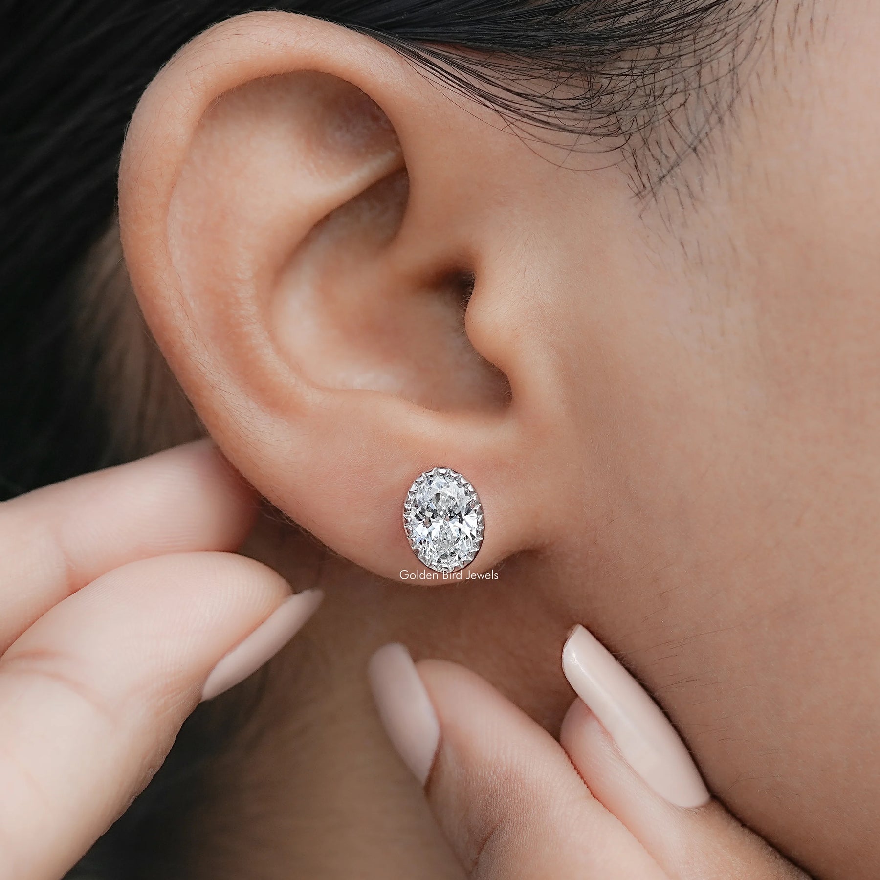 Oval Shaped Lab Diamond Milgrain Bezel Studs