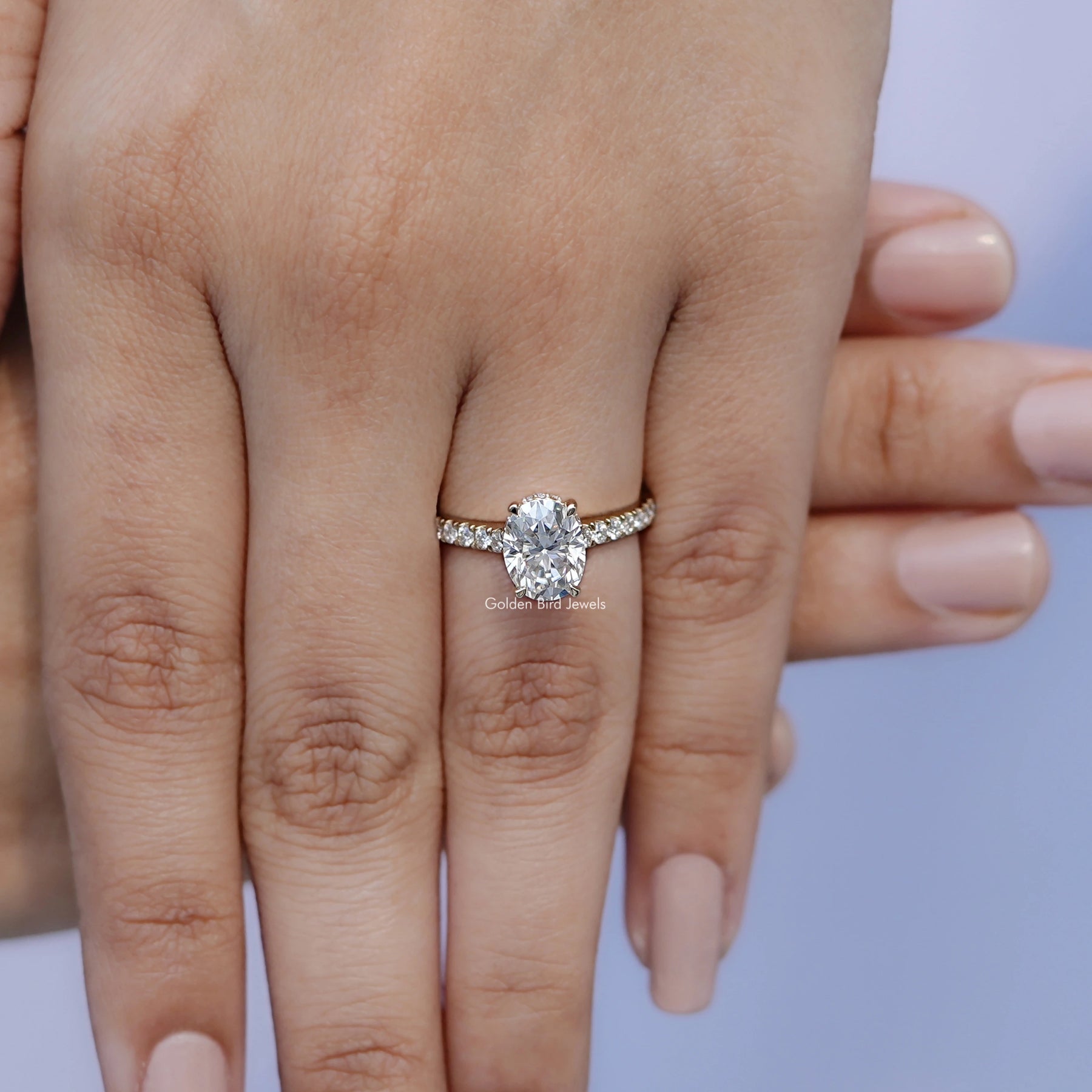 Close view of Oval Moissanite Bridge Cut Ring