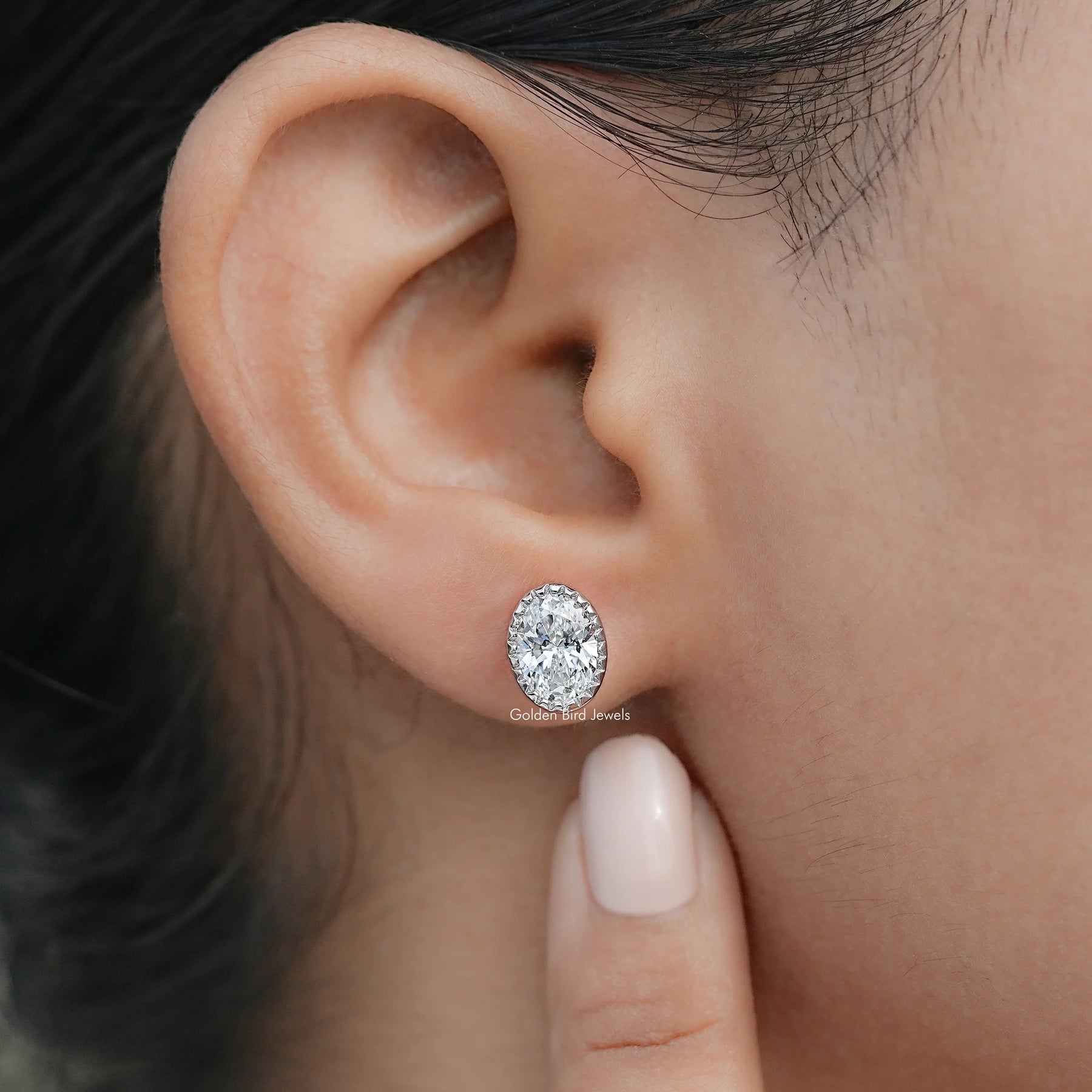 Oval Shaped Lab Diamond Milgrain Bezel Studs