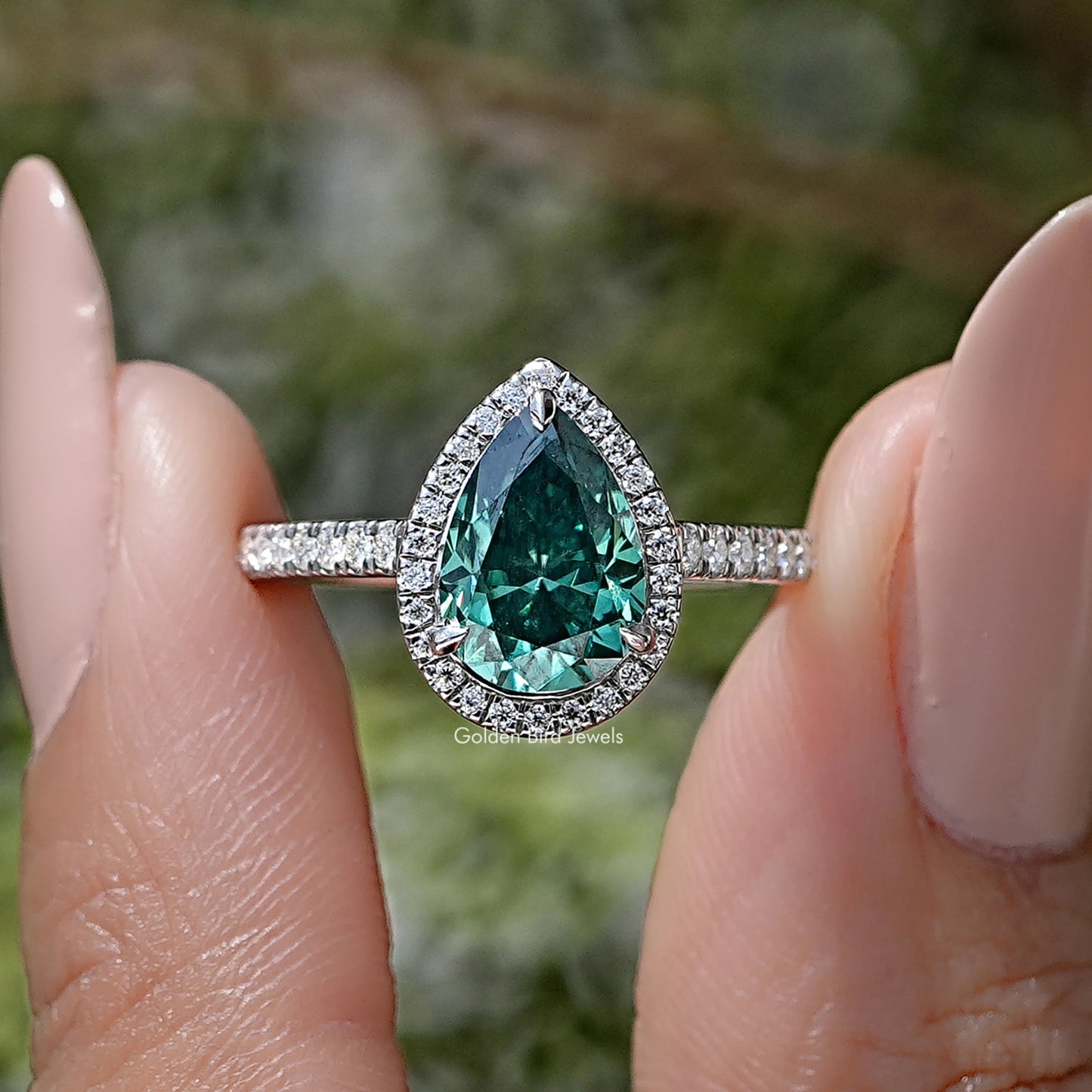 Pear Cut Moissanite Gemstone Accent Halo Ring
