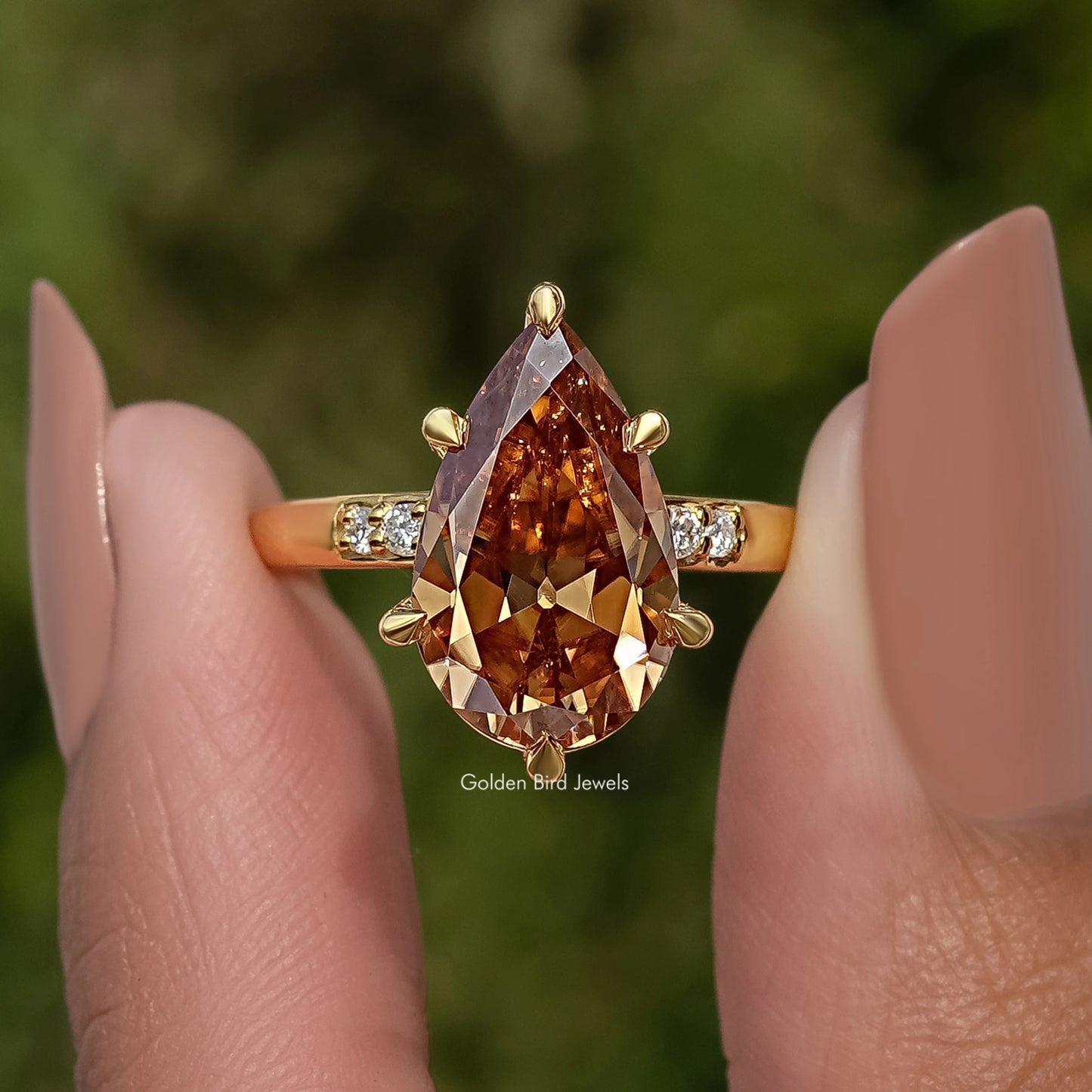 Old Mine Cut Pear Champagne Accent Set Engagement Ring